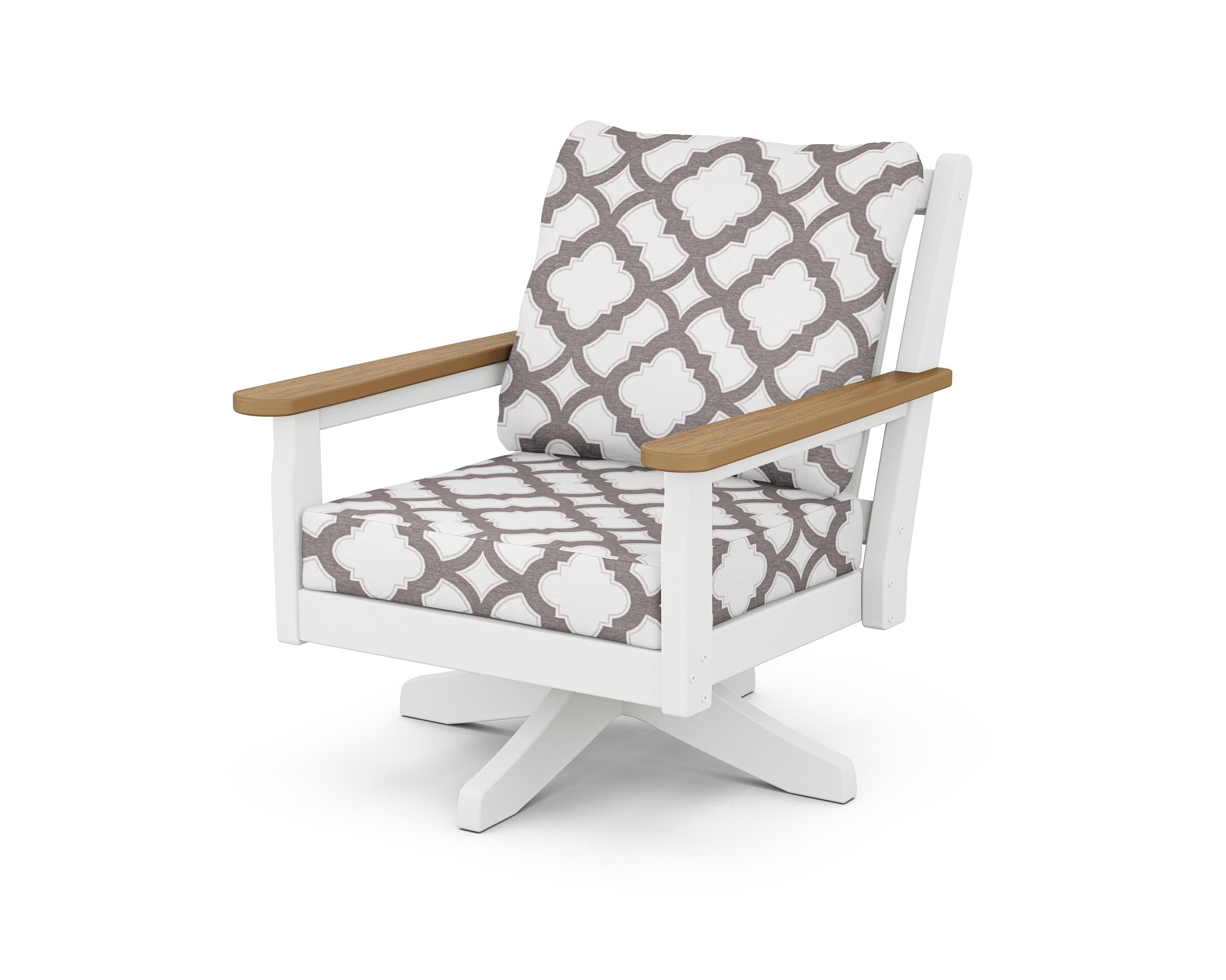 POLYWOOD® Chippendale Deep Seating Swivel Chair in White / Natural / Trellis Grey Mist