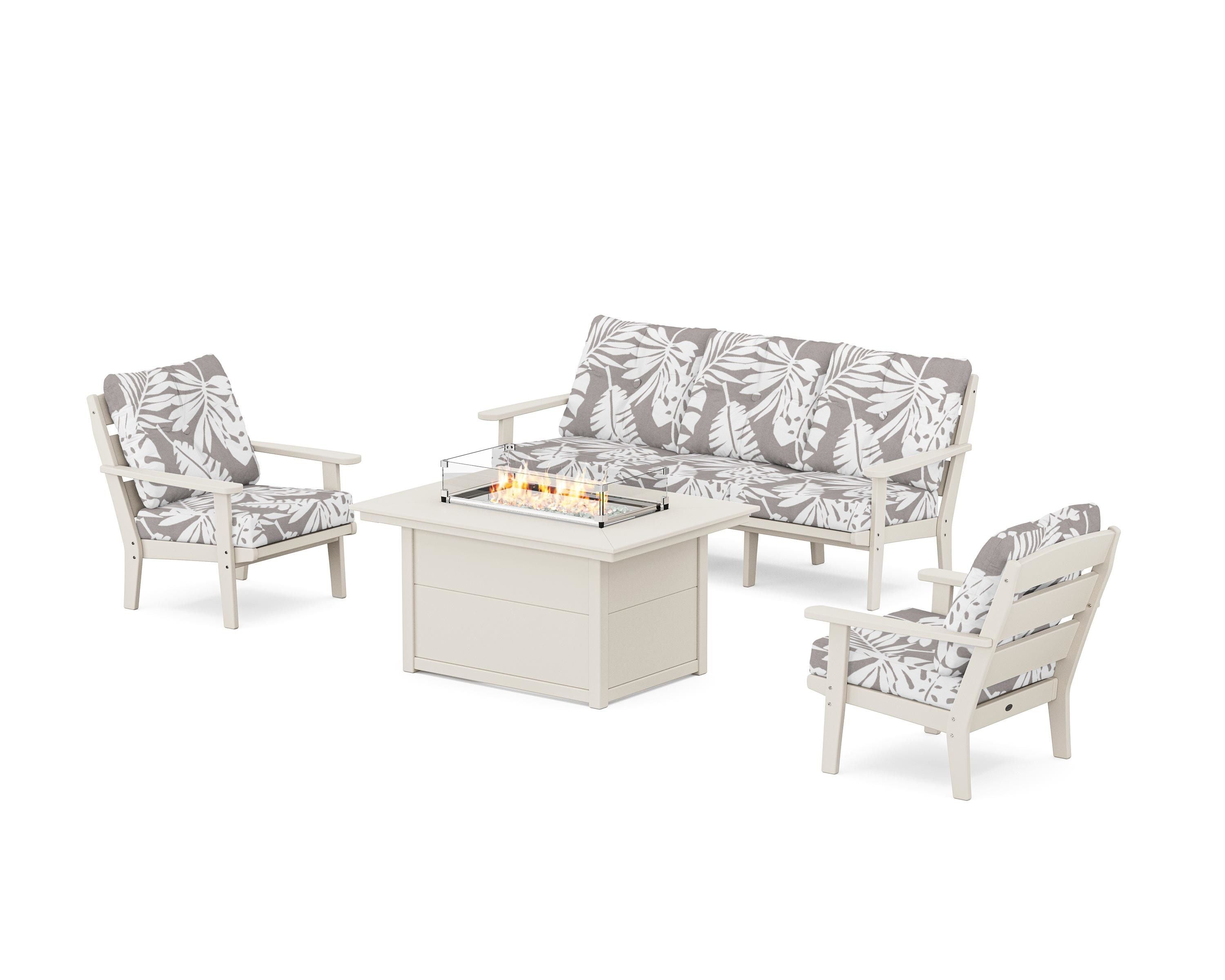 POLYWOOD® Lakeside Deep Seating Fire Pit Table Set in Sand / Leaf Grey Mist