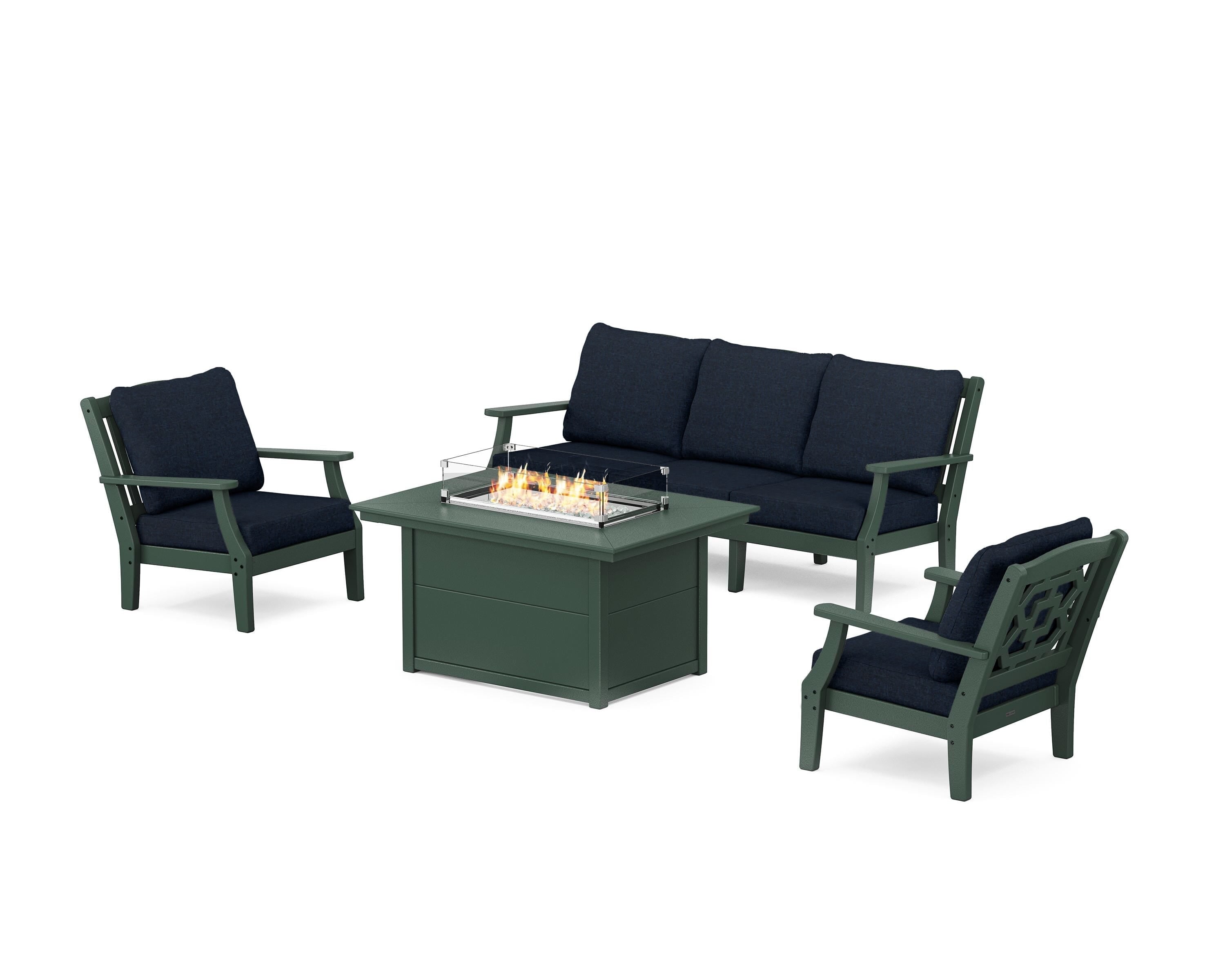 Martha Stewart by POLYWOOD® Chinoiserie Deep Seating Fire Pit Table Set in Green / Marine Indigo