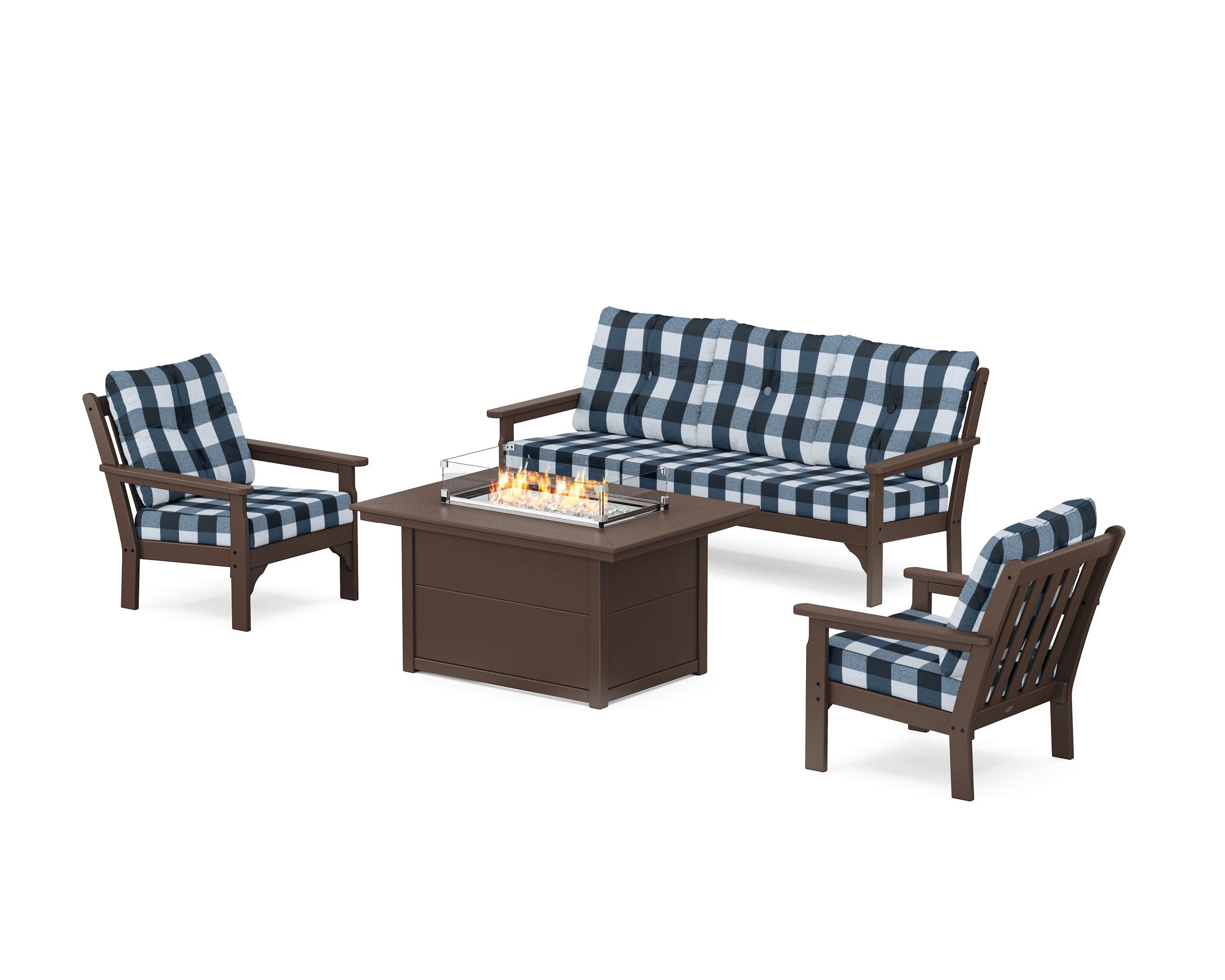 POLYWOOD® Vineyard Deep Seating Fire Pit Table Set in Mahogany / Buffalo Plaid Marine Indigo