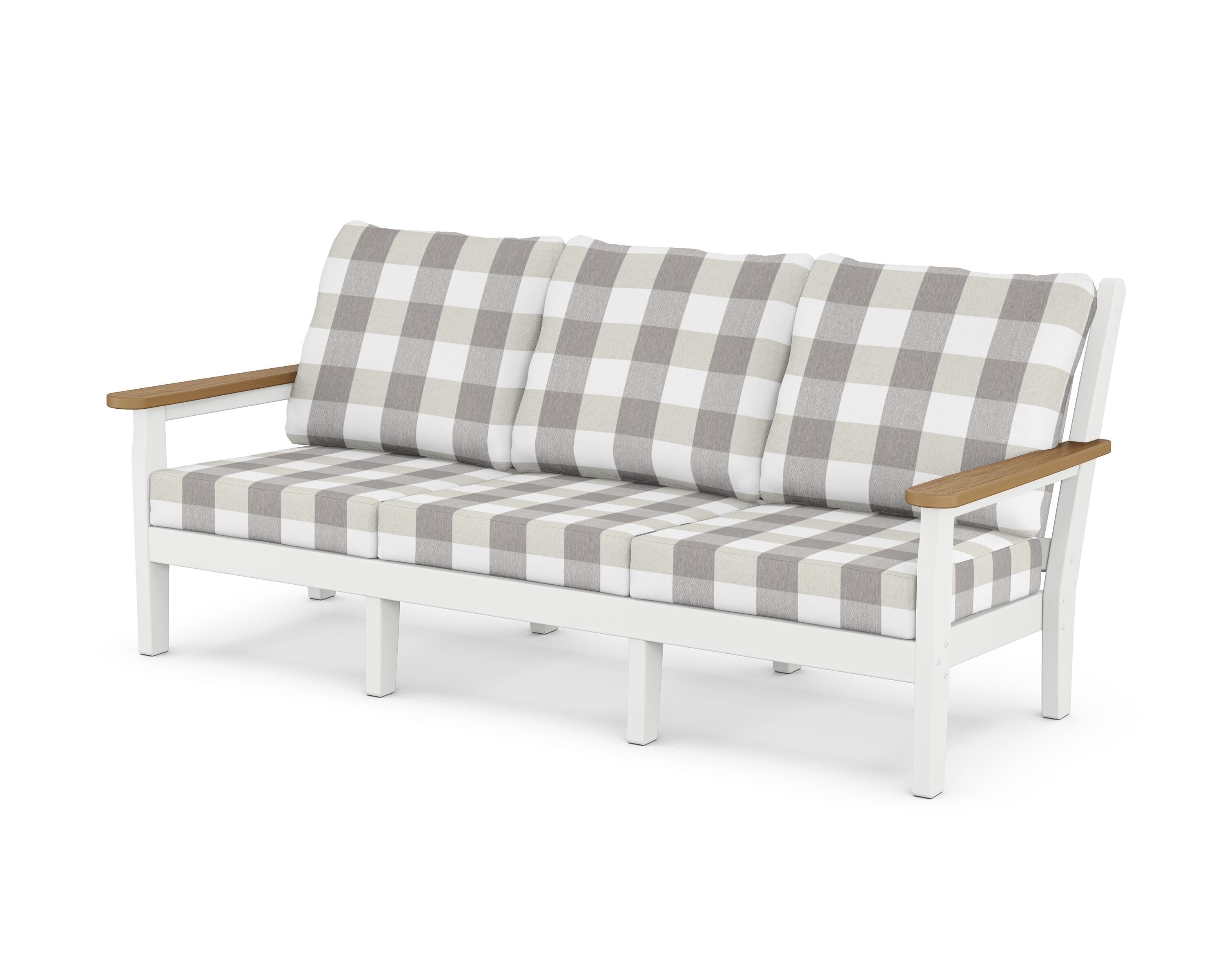 POLYWOOD® Chippendale Deep Seating Sofa in White / Natural / Buffalo Plaid Grey Mist