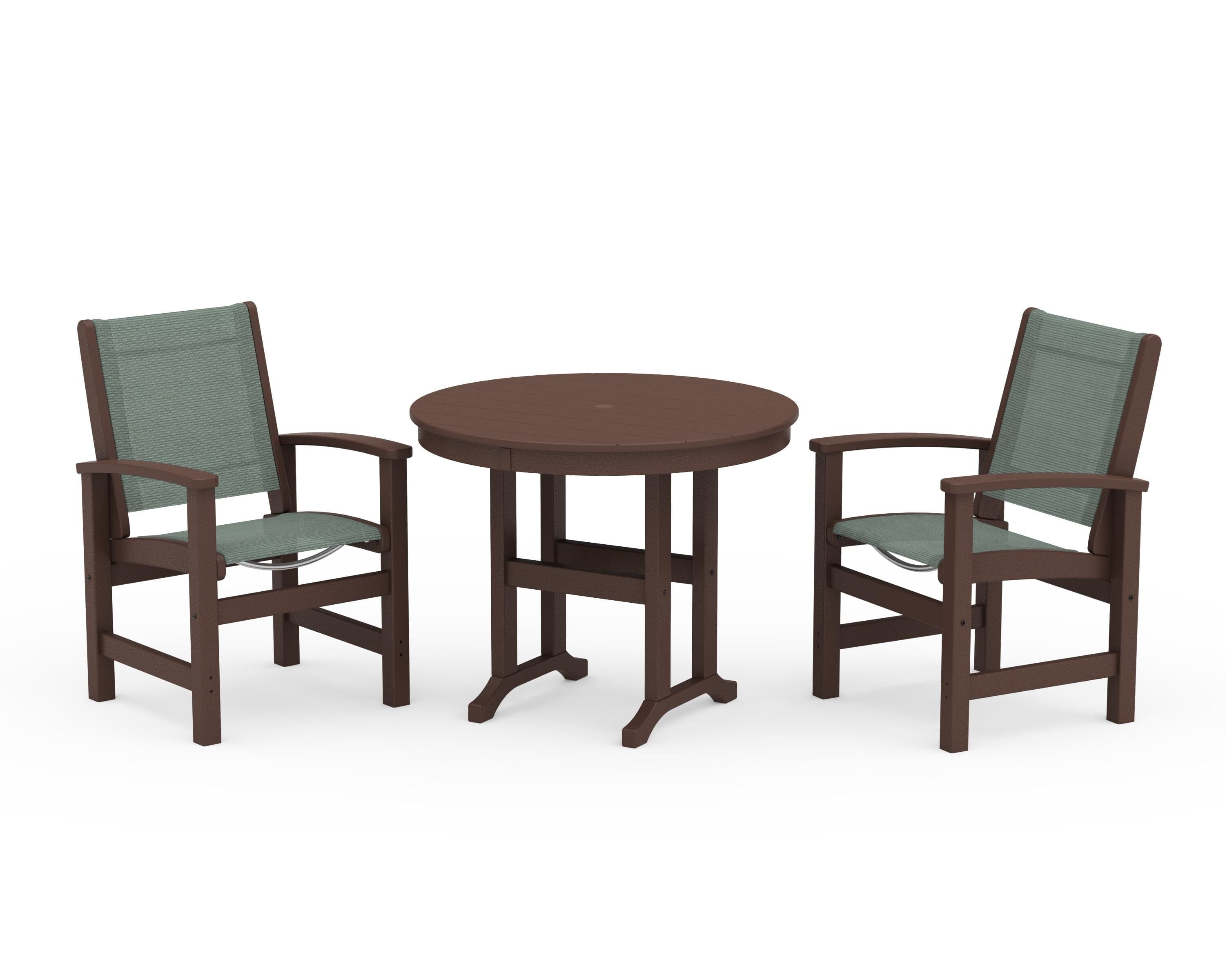 POLYWOOD® Coastal 3-Piece Round Dining Set in Mahogany / Dupioni Sea Mist Sling