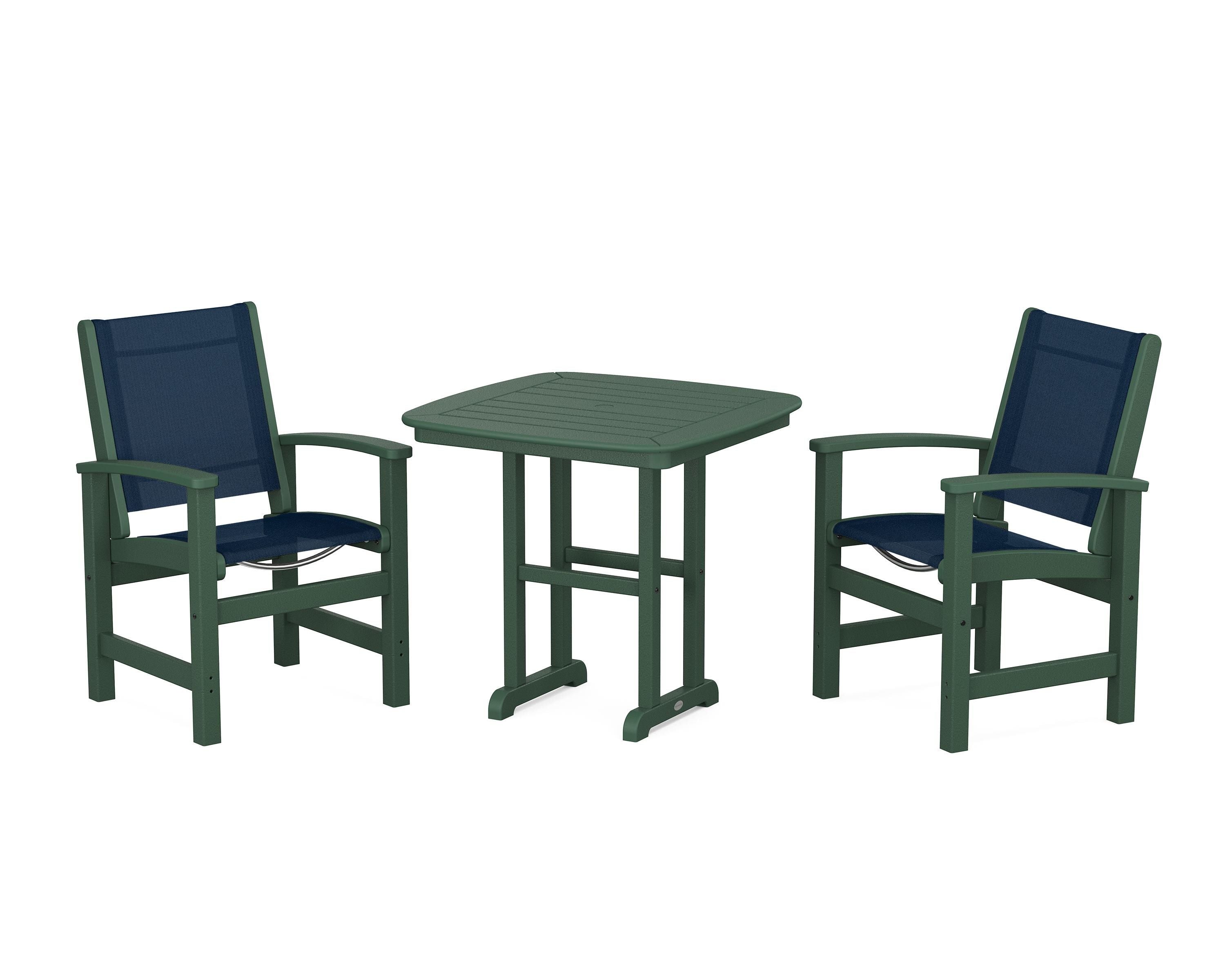 POLYWOOD® Coastal 3-Piece Dining Set in Green / Navy Blue Sling