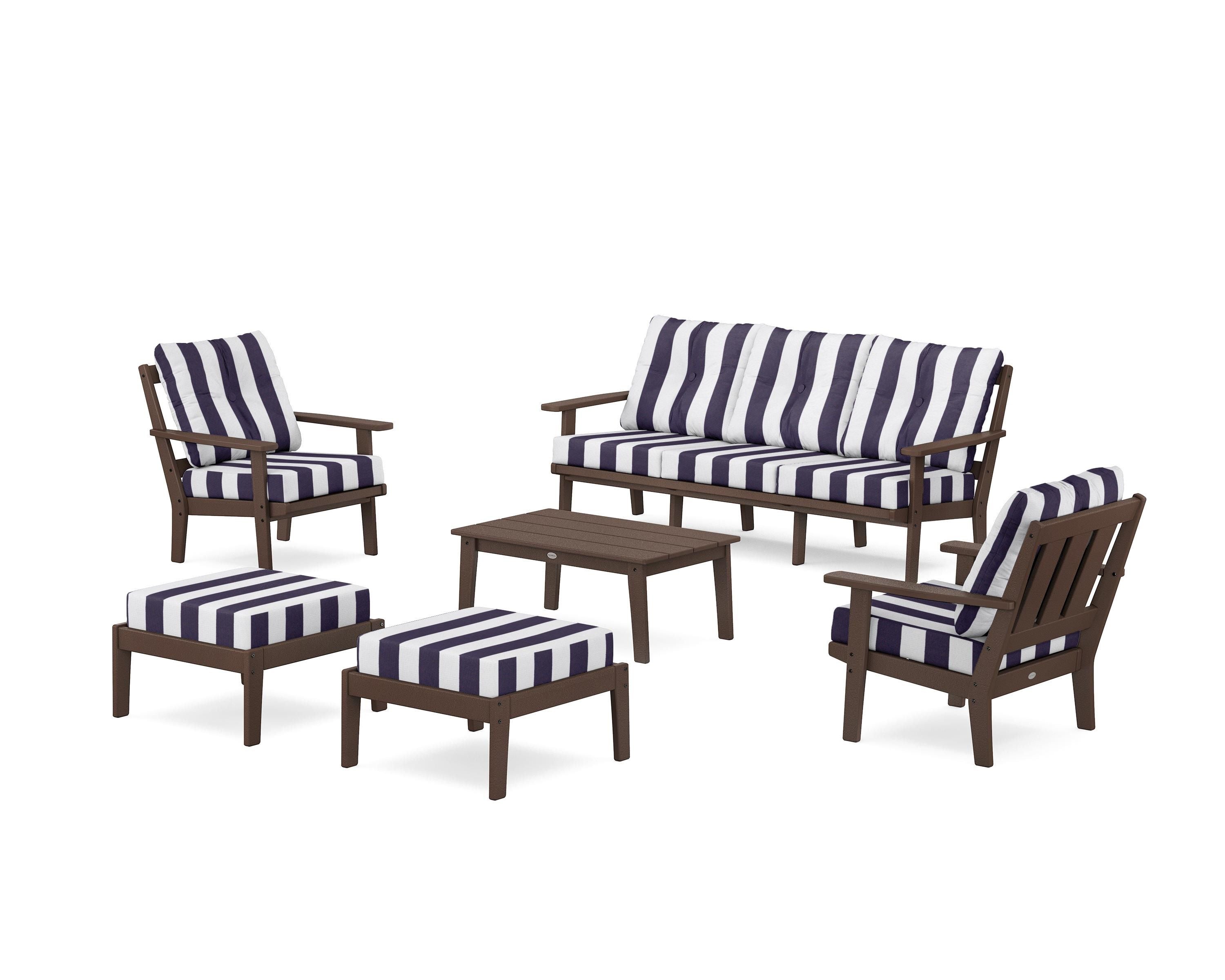 POLYWOOD® Oxford 6-Piece Lounge Sofa Set in Mahogany / Cabana Stripe Navy
