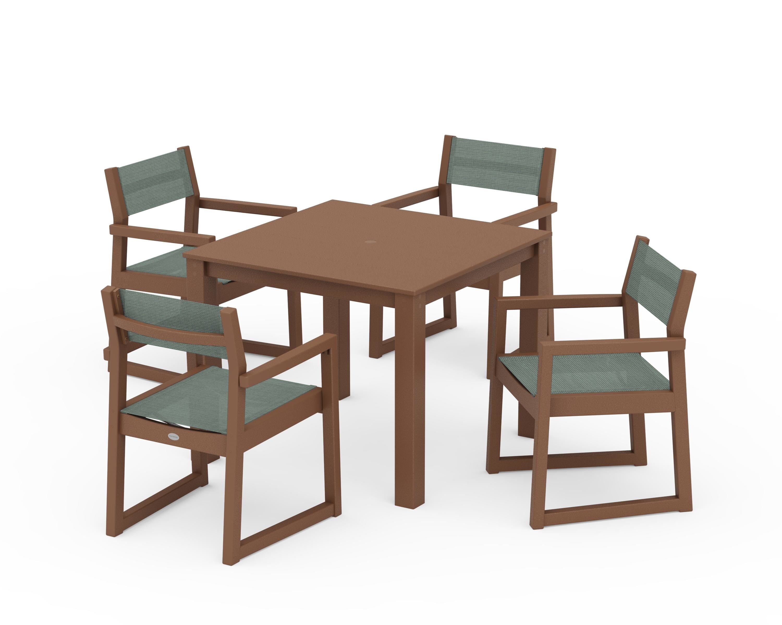 POLYWOOD® EDGE Sling Arm Chair 5-Piece Parsons Dining Set in Teak / Dupioni Sea Mist Sling