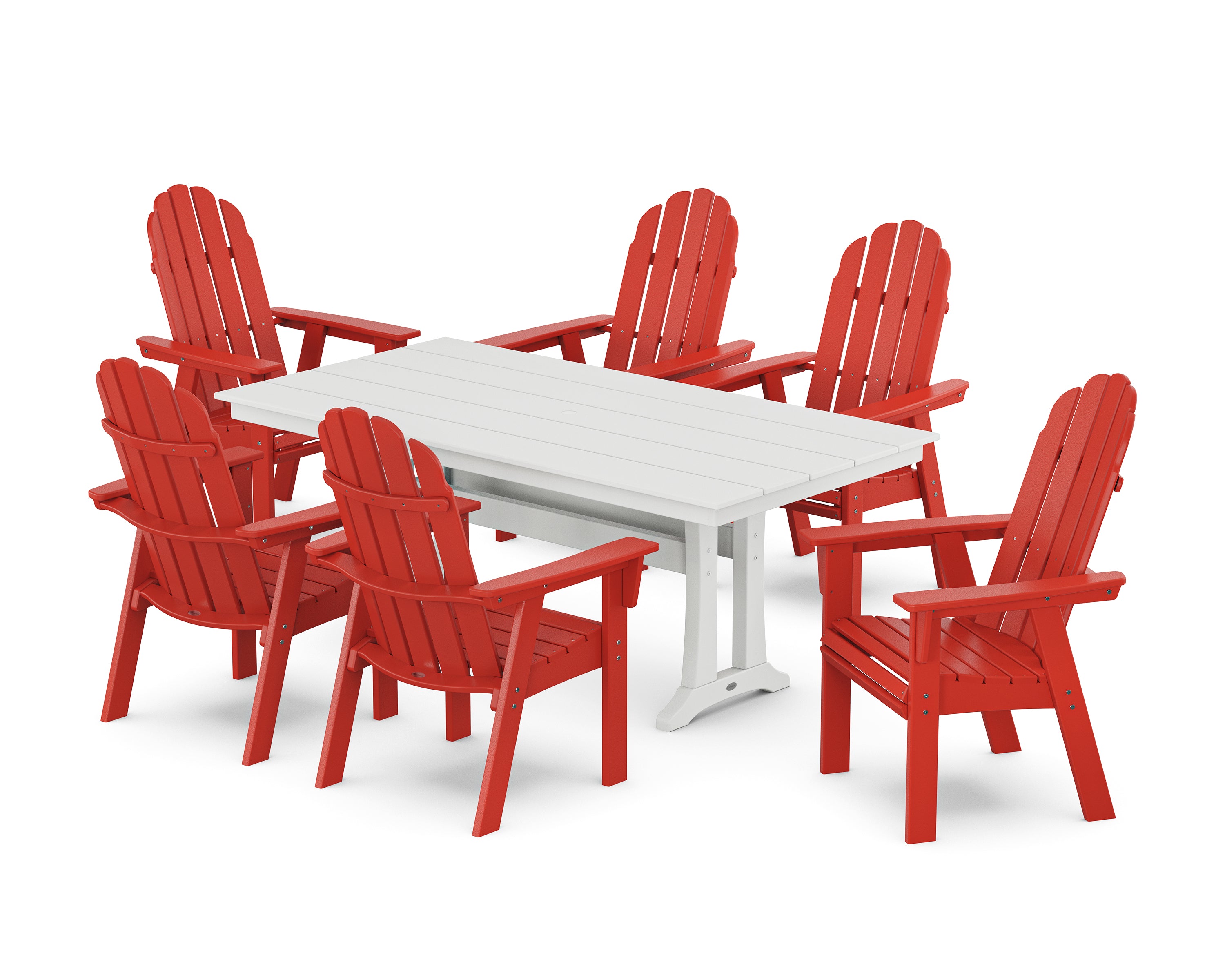 POLYWOOD® Vineyard Curveback Adirondack Chair 7-Piece Farmhouse Dining Set with Trestle Legs in Sunset Red / White