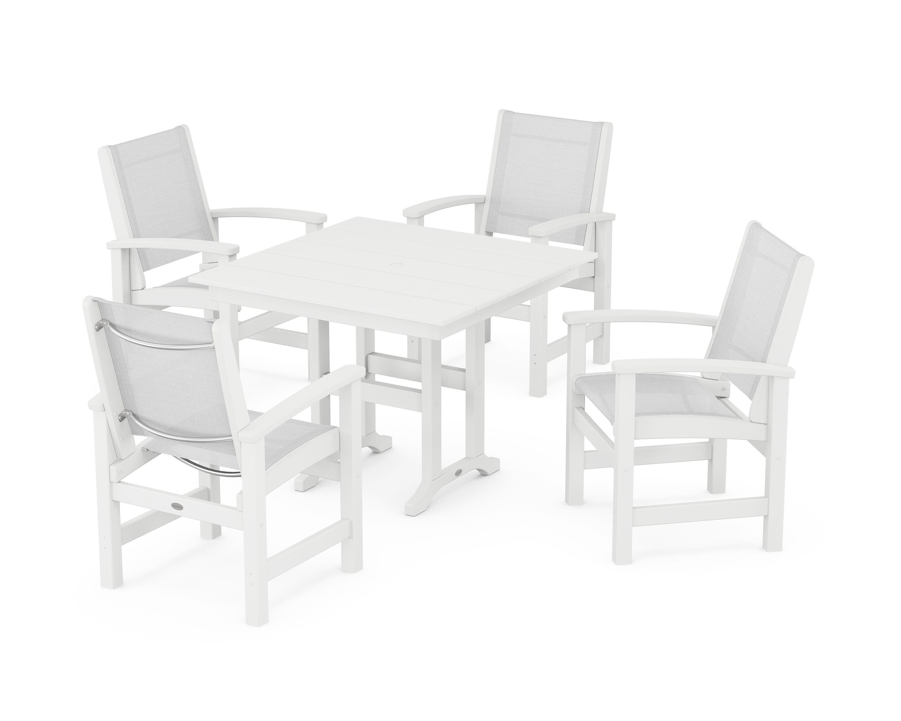 POLYWOOD® Coastal 5-Piece Farmhouse Dining Set in White / White Sling
