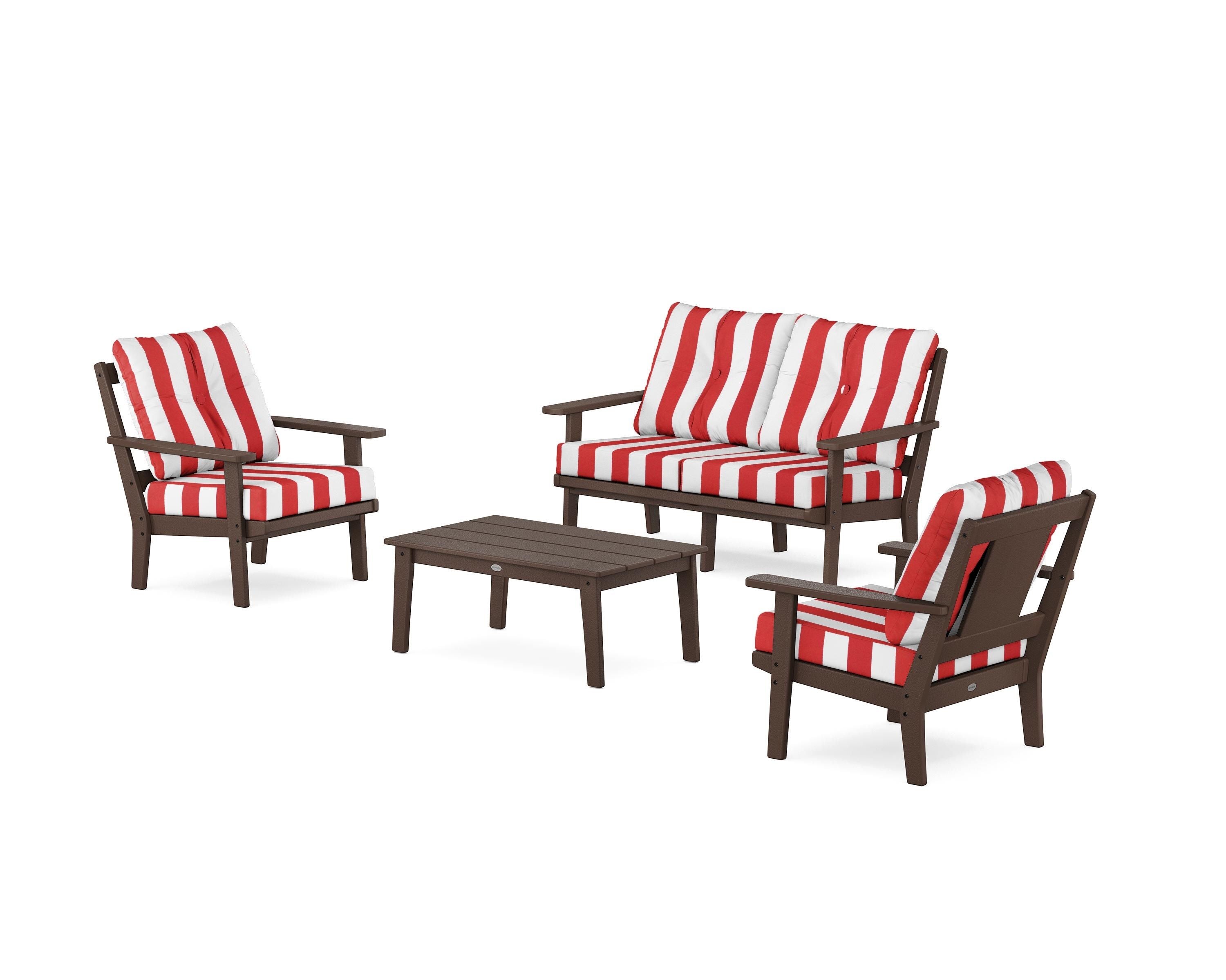 POLYWOOD® Prairie 4-Piece Deep Seating Set with Loveseat in Mahogany / Cabana Stripe Crimson