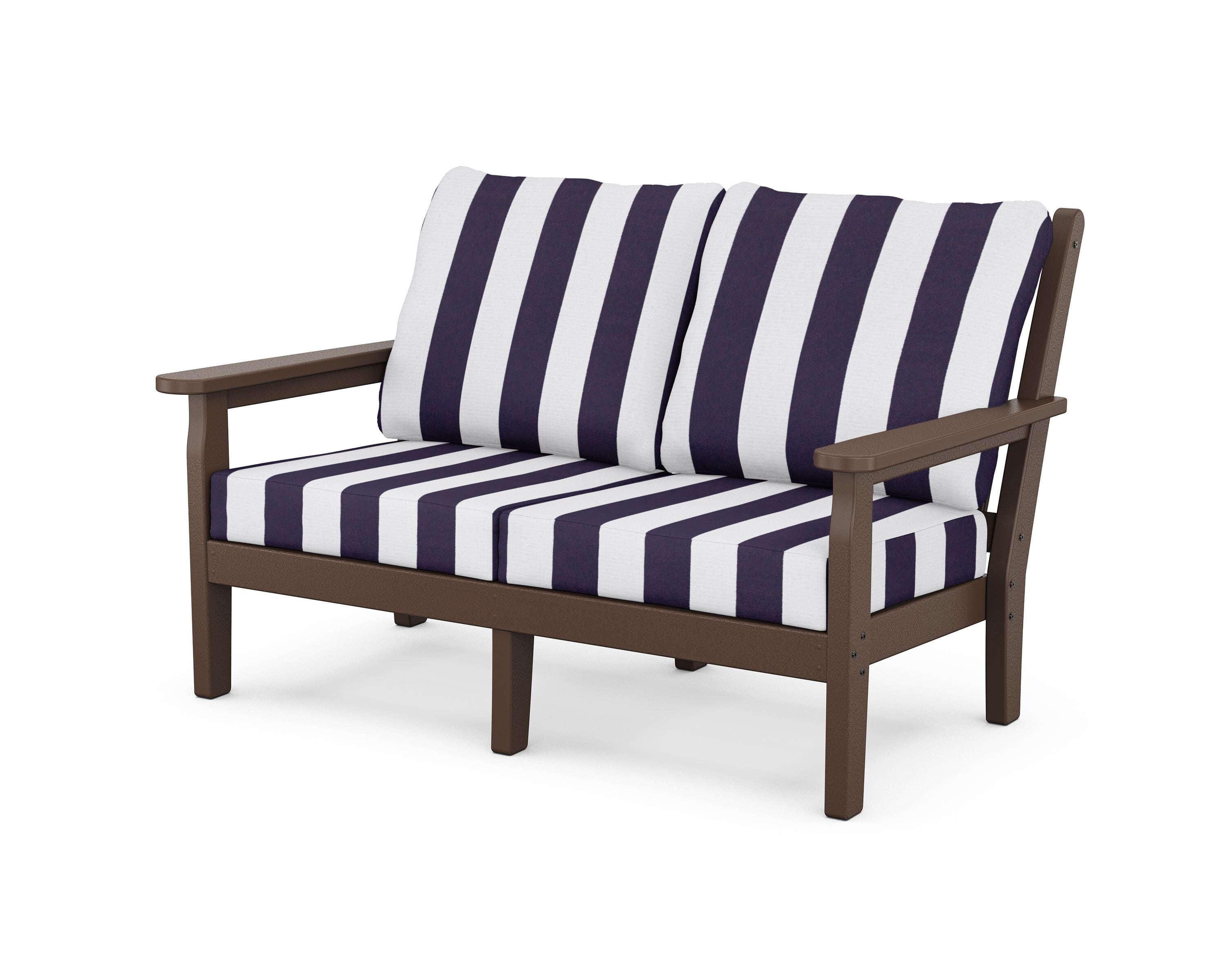 POLYWOOD® Chippendale Deep Seating Loveseat in Mahogany / Cabana Stripe Navy