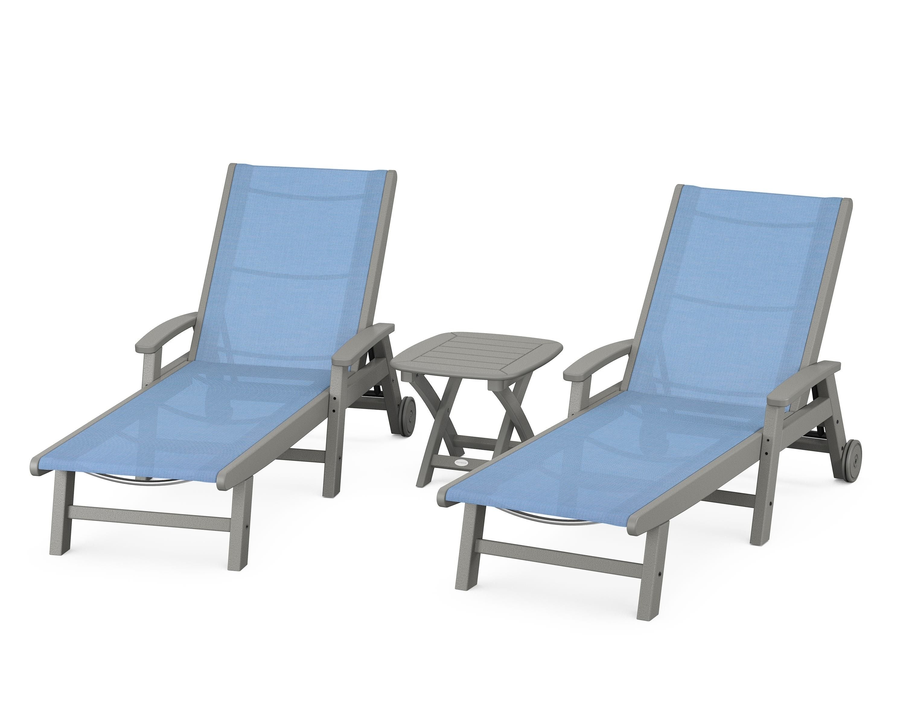POLYWOOD® Coastal 3-Piece Wheeled Chaise Set in Slate Grey / Poolside Sling