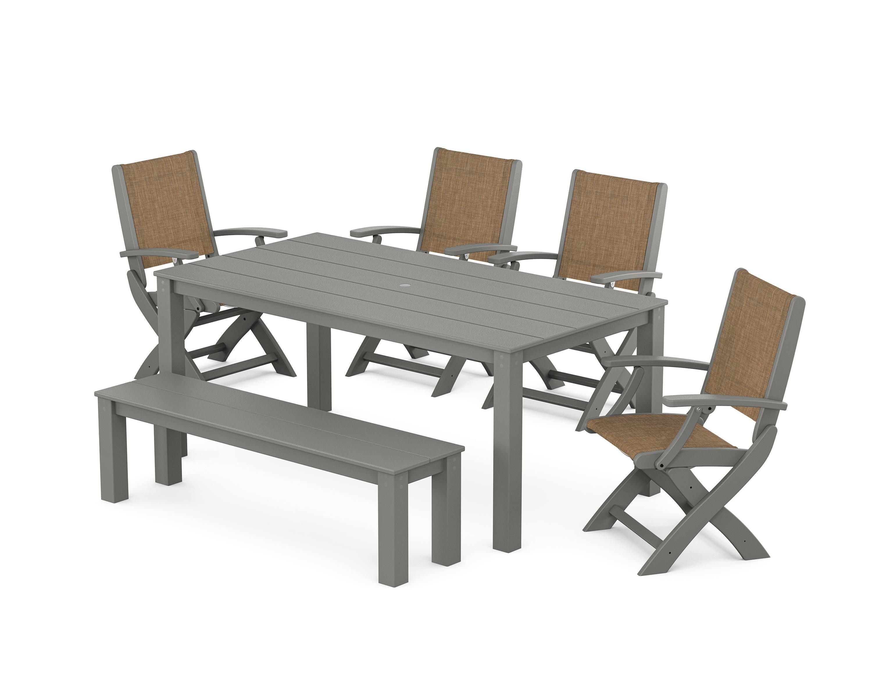 POLYWOOD® Coastal Folding Chair 6-Piece Parsons Dining Set with Bench in Slate Grey / Burlap Sling