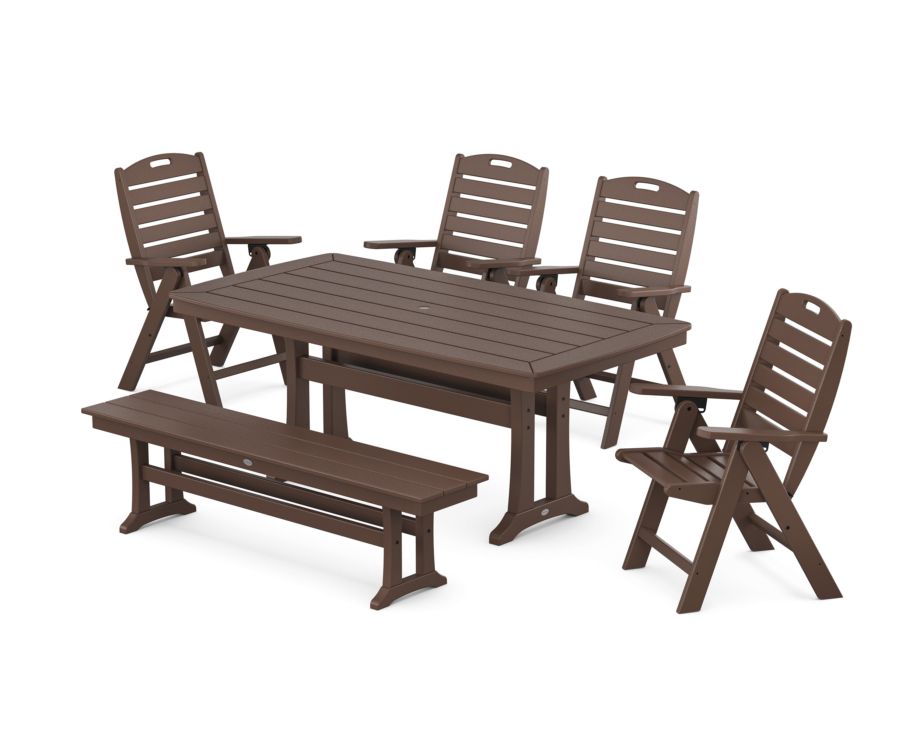 POLYWOOD® Nautical Highback 6-Piece Dining Set with Trestle Legs and Bench in Mahogany