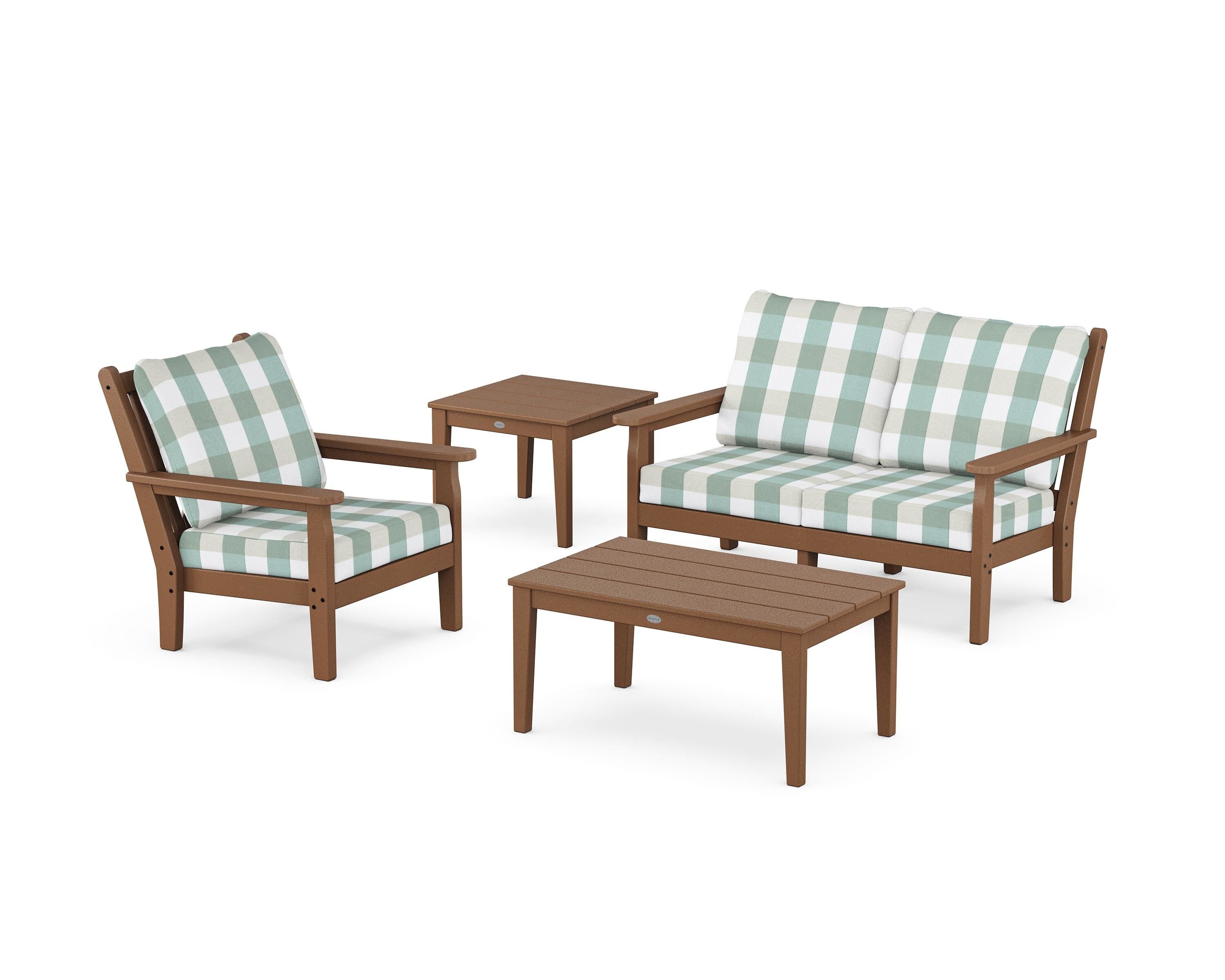 POLYWOOD® Chippendale 4-Piece Deep Seating Set in Teak / Buffalo Plaid Glacier Spa