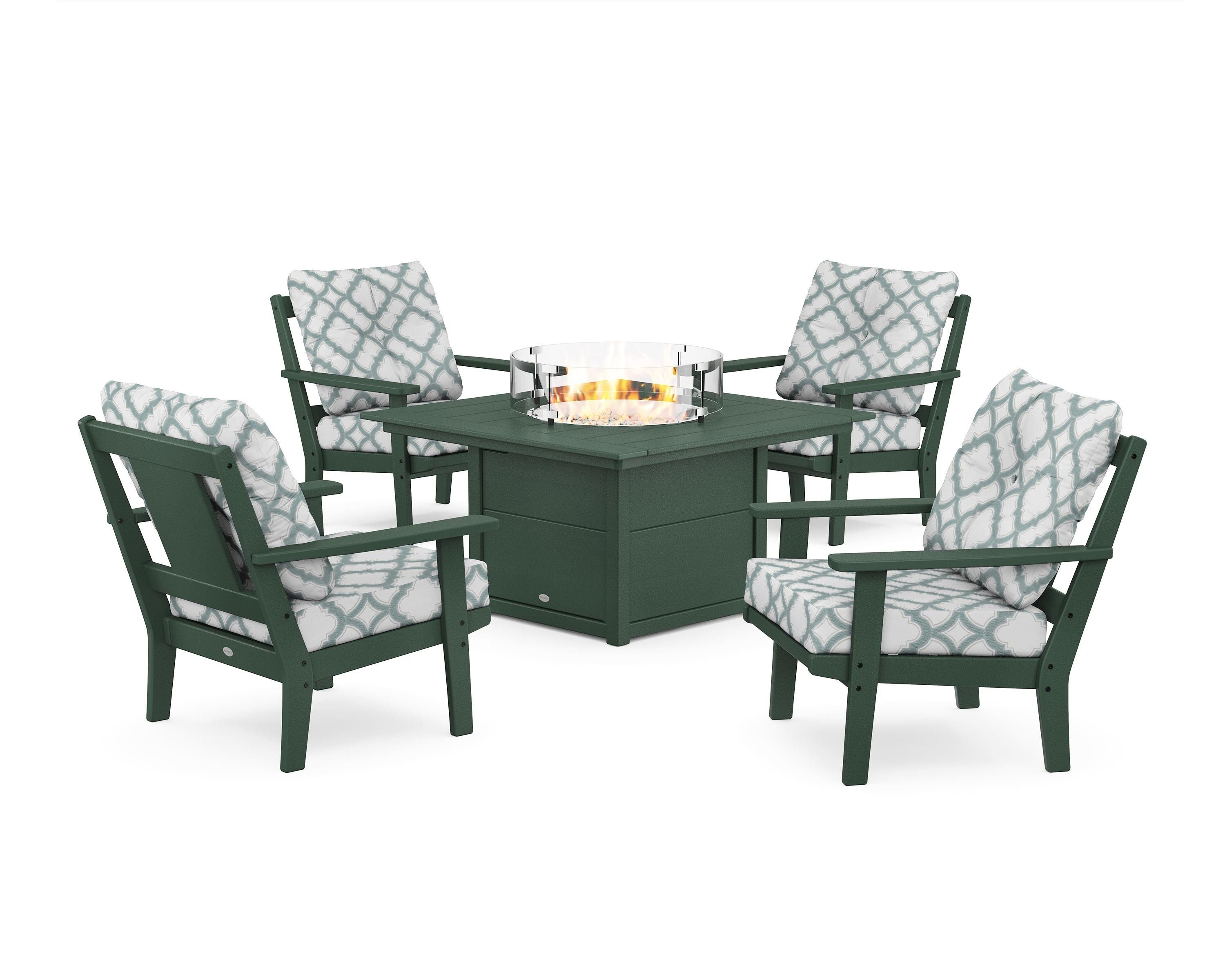 POLYWOOD® Prairie 5-Piece Deep Seating Set with Fire Pit Table in Green / Trellis Glacier Spa