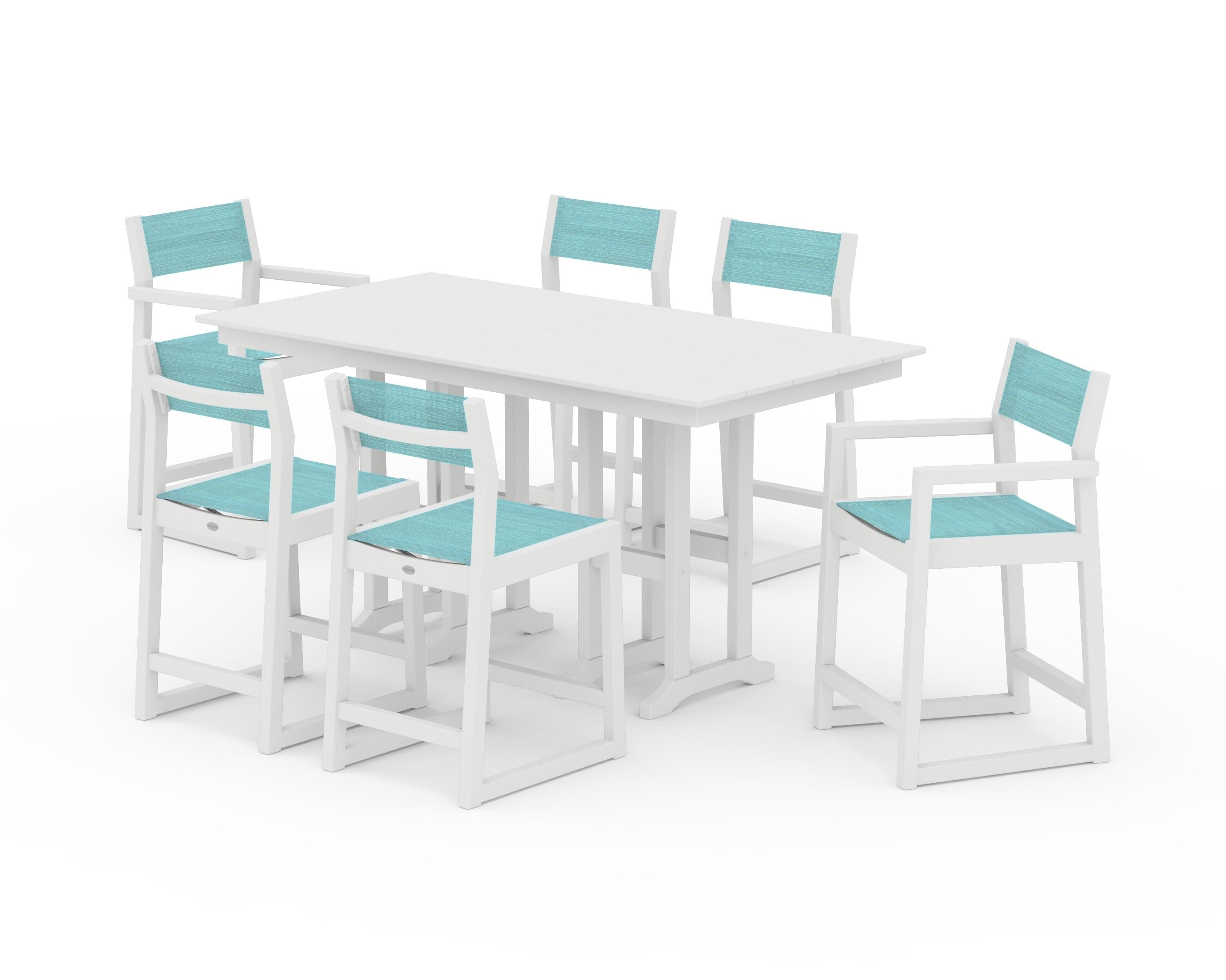 POLYWOOD® EDGE Sling 7-Piece Farmhouse Counter Set with Trestle Legs in White / Dupioni Aquamarine Sling