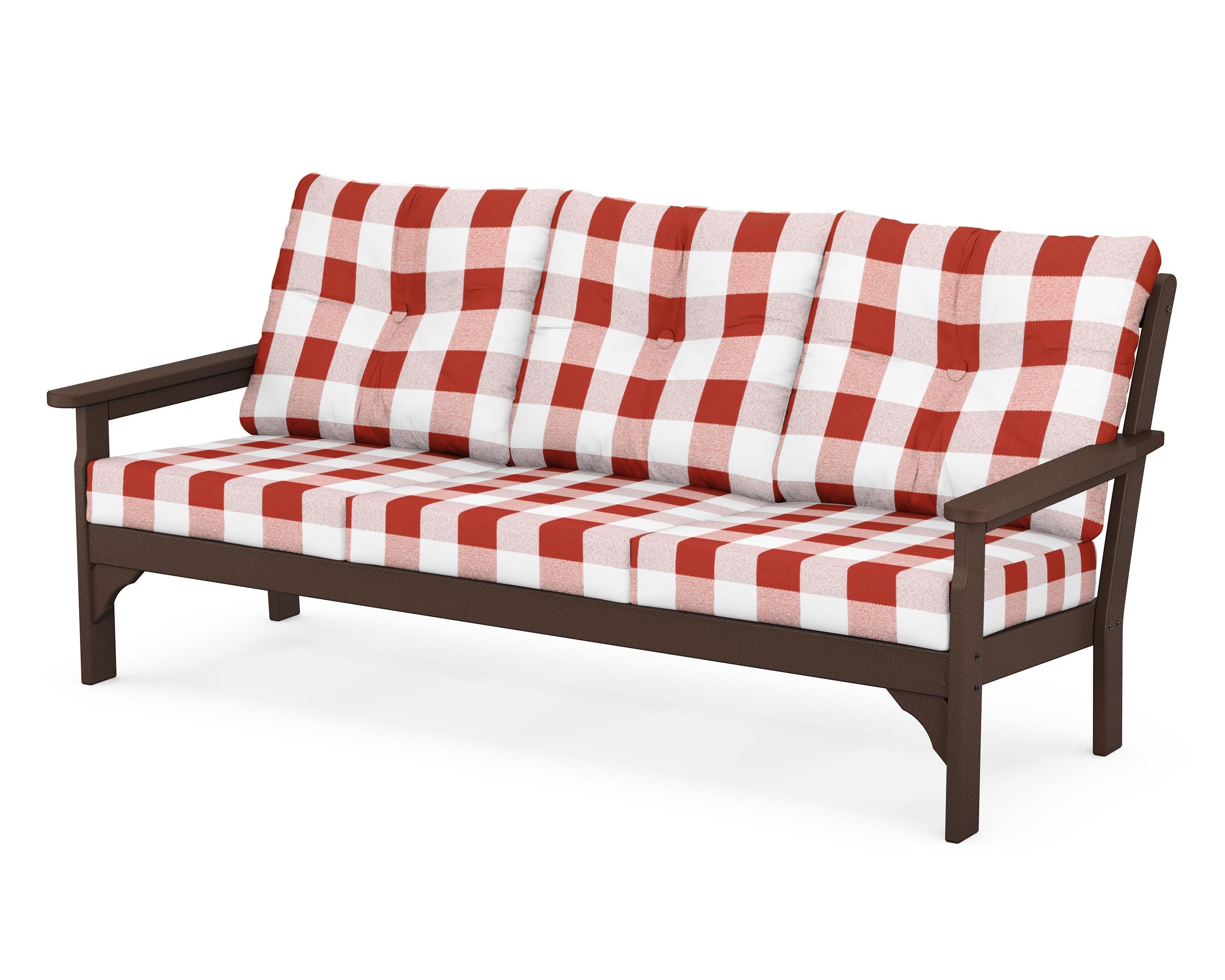 POLYWOOD® Vineyard Deep Seating Sofa in Mahogany / Buffalo Plaid Crimson