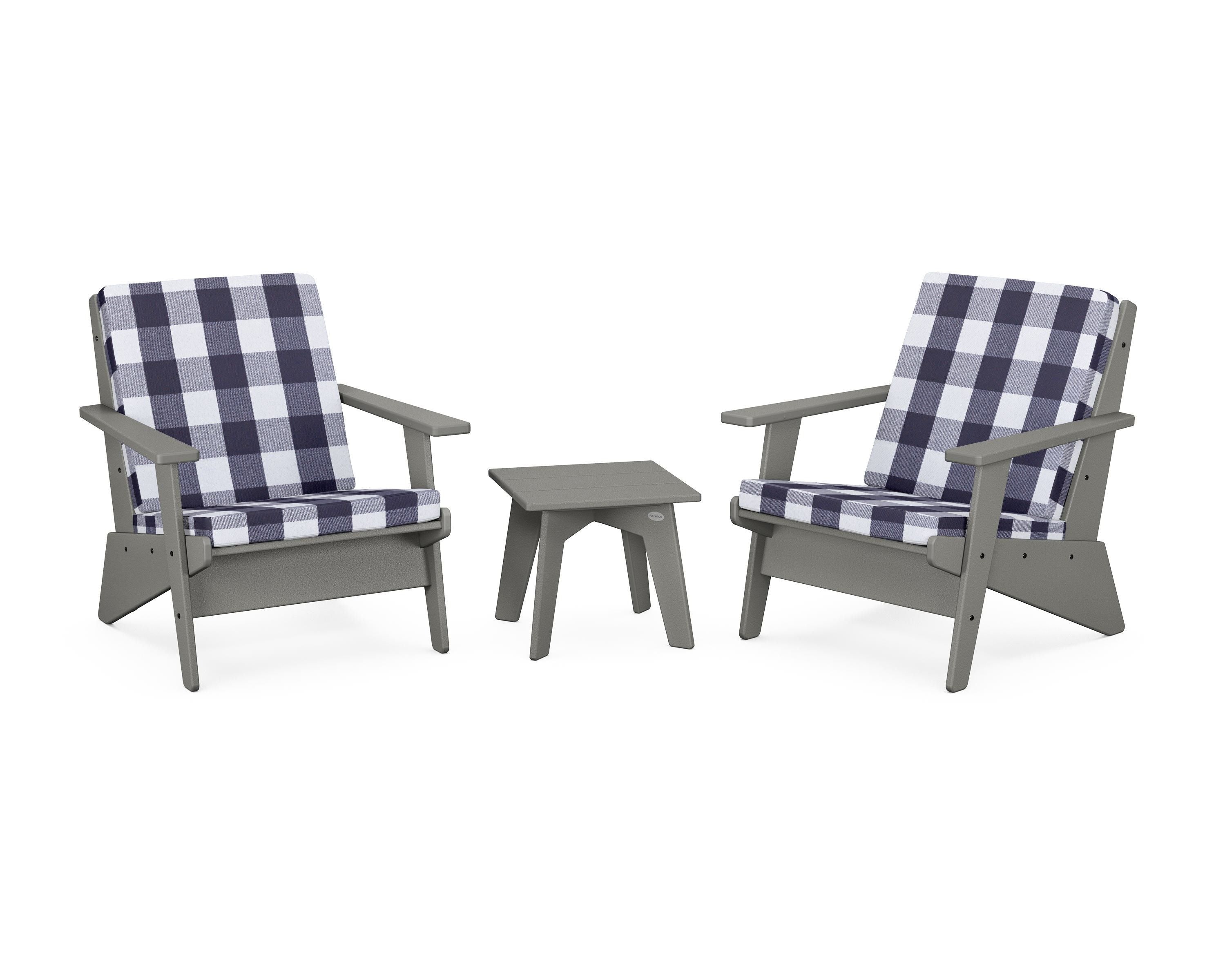 POLYWOOD® Riviera Modern Lounge 3-Piece Set in Slate Grey / Buffalo Plaid Navy