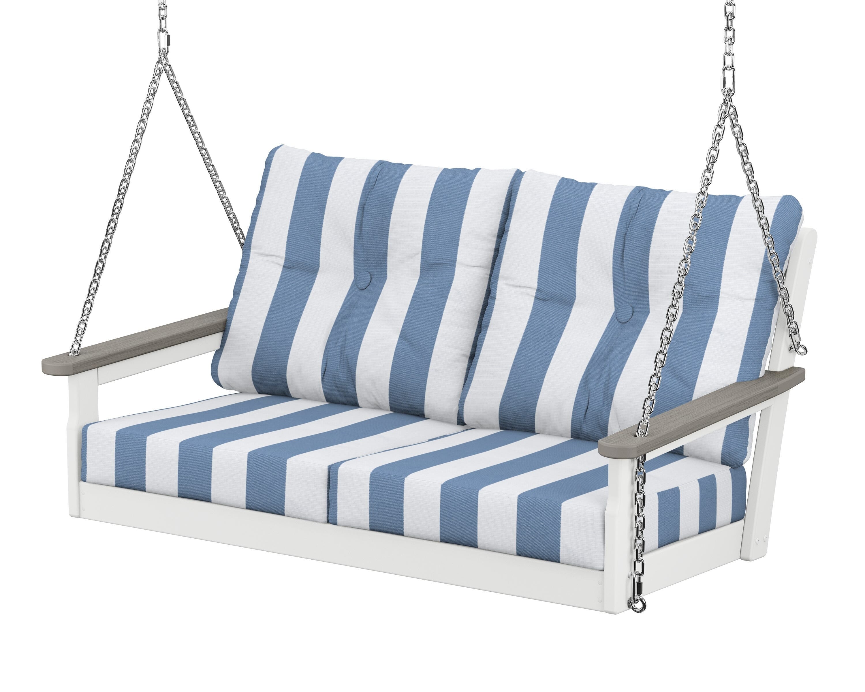 POLYWOOD® Vineyard Deep Seating Swing in White / Driftwood / Cabana Stripe Sky Blue
