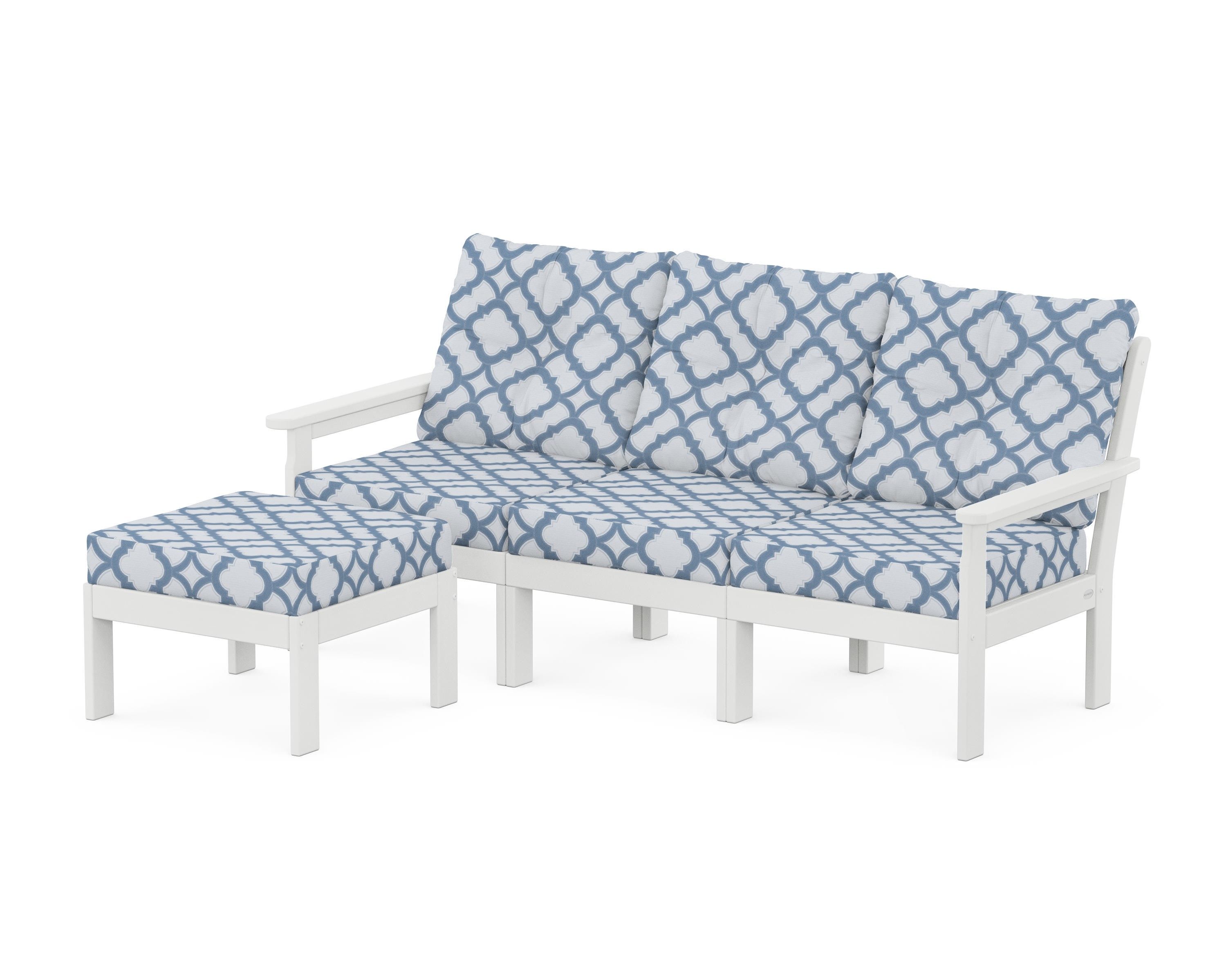 POLYWOOD® Vineyard 4-Piece Sectional with Ottoman in White / Trellis Sky Blue