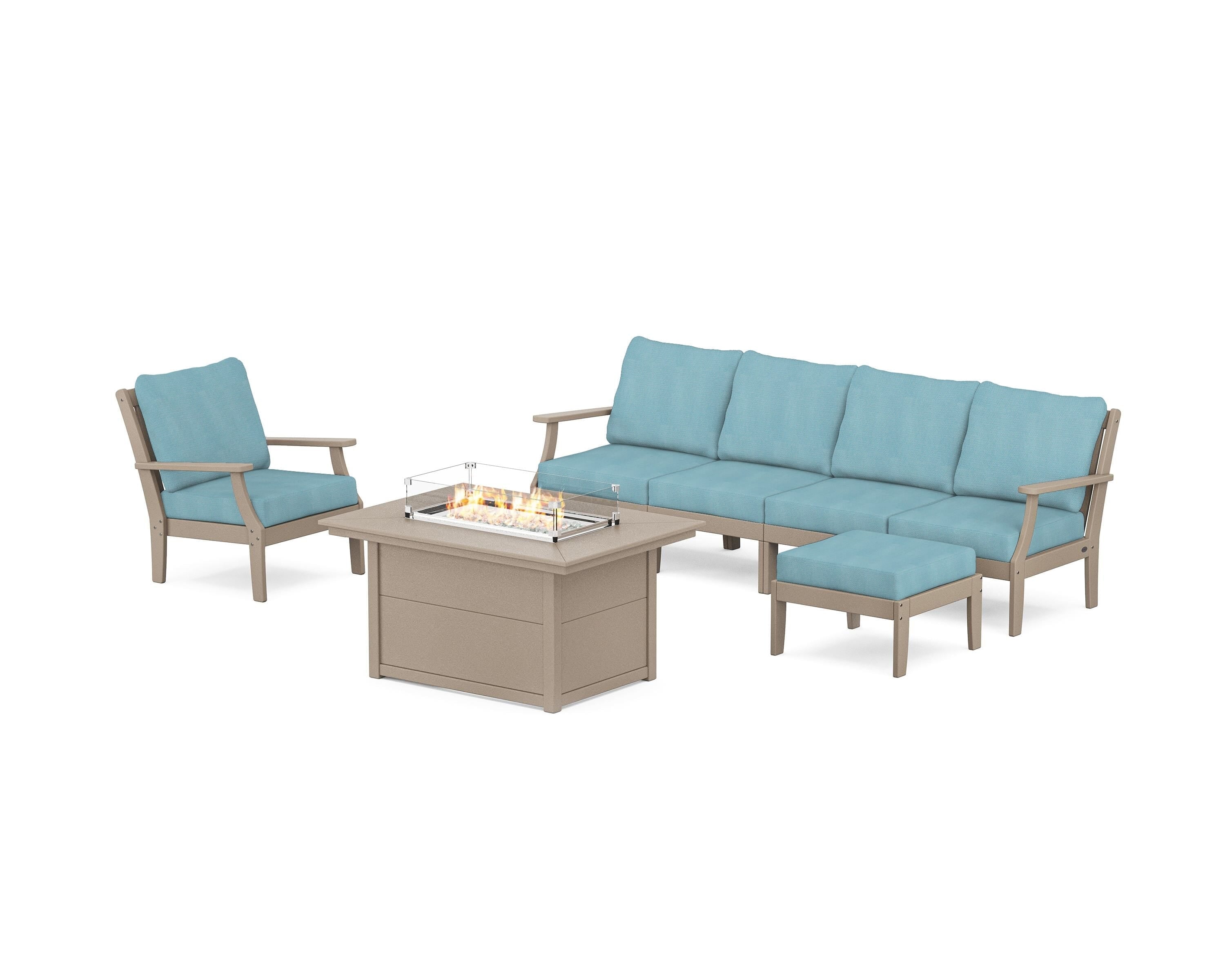 POLYWOOD® Braxton Sectional Lounge and Fire Pit Set in Vintage Sahara / Lattice Sky Blue