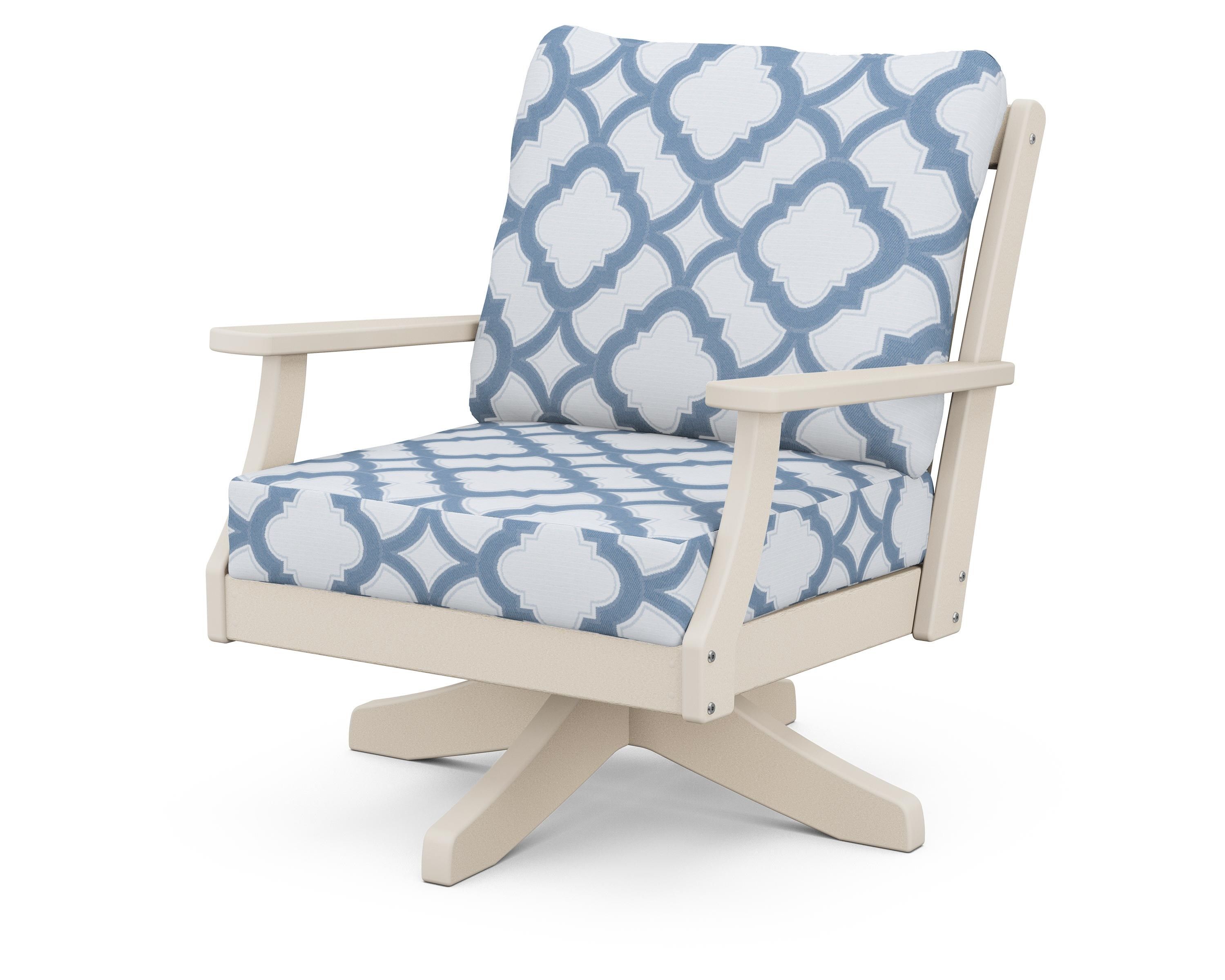 POLYWOOD® Braxton Deep Seating Swivel Chair in Sand / Trellis Sky Blue