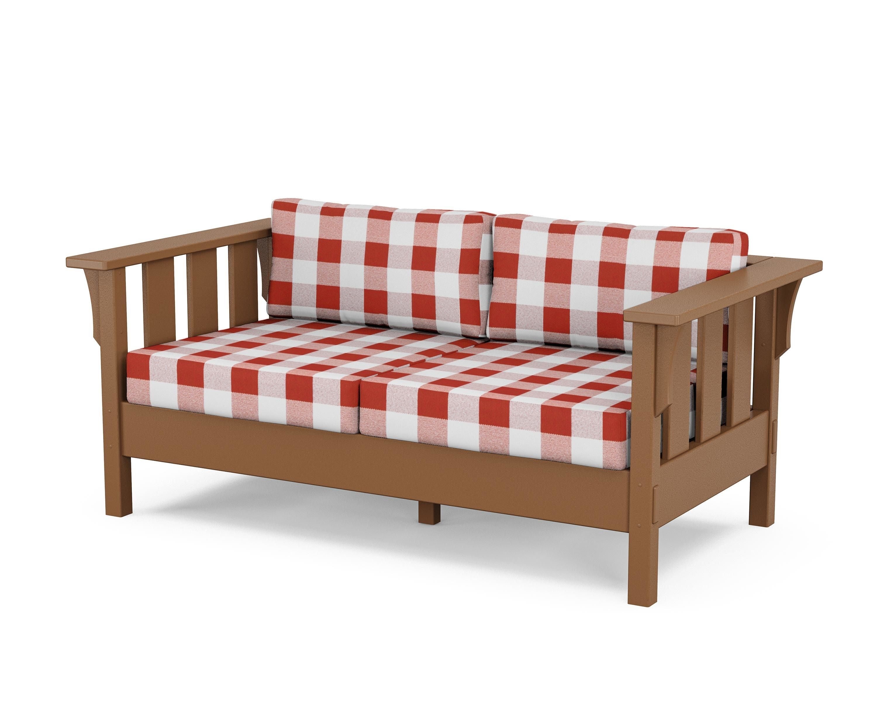 Martha Stewart by POLYWOOD® Acadia Deep Seating Loveseat in Teak / Buffalo Plaid Crimson