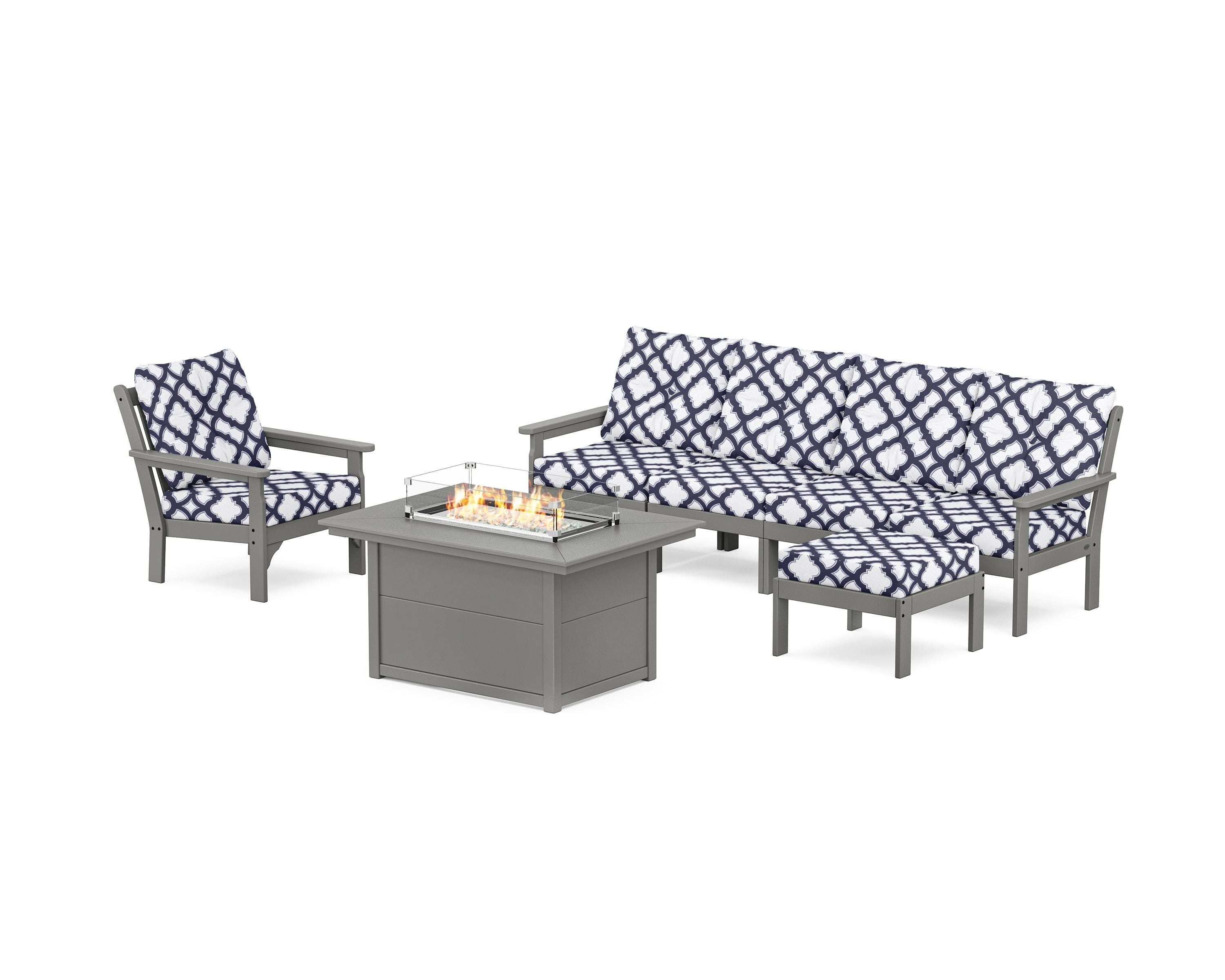 POLYWOOD® Vineyard Sectional Lounge and Fire Pit Set in Slate Grey / Trellis Navy