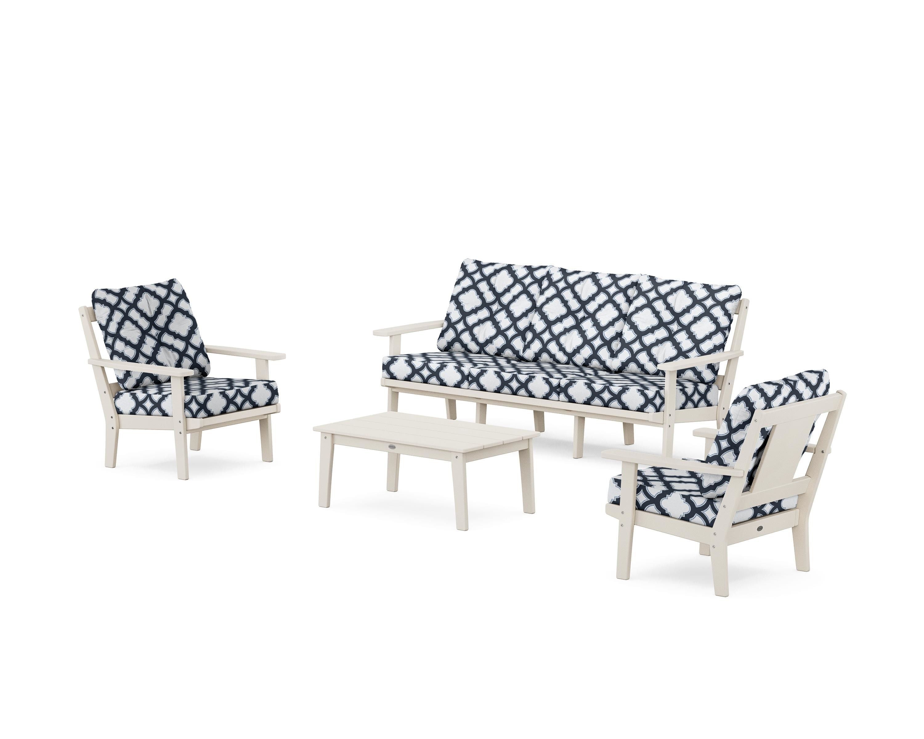 POLYWOOD® Prairie 4-Piece Deep Seating Set with Sofa in Sand / Trellis Marine Indigo
