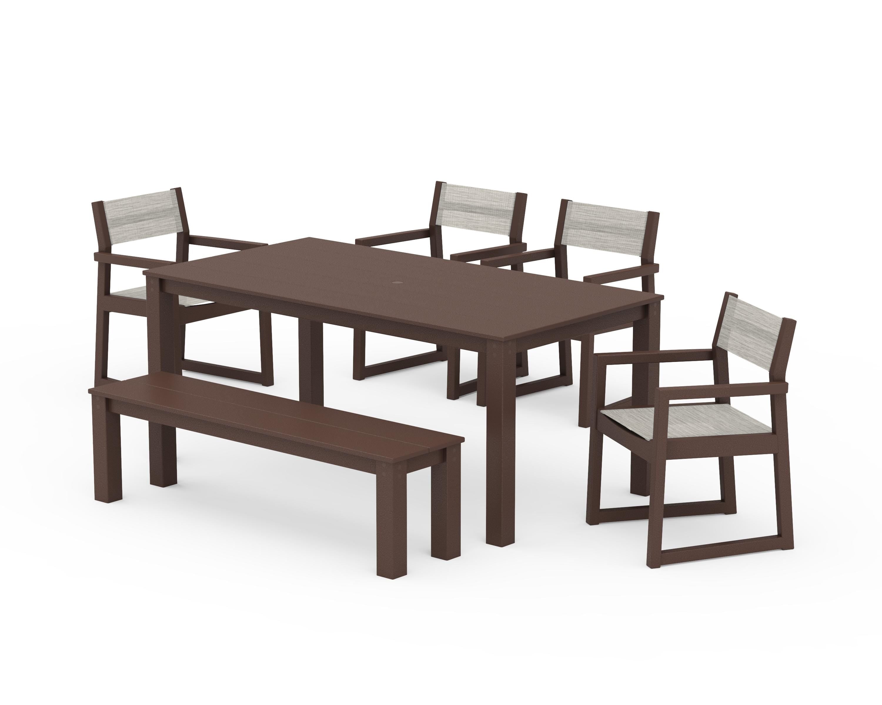 POLYWOOD® EDGE Sling Arm Chair 6-Piece Parsons Dining Set with Bench in Mahogany / Birch Sling