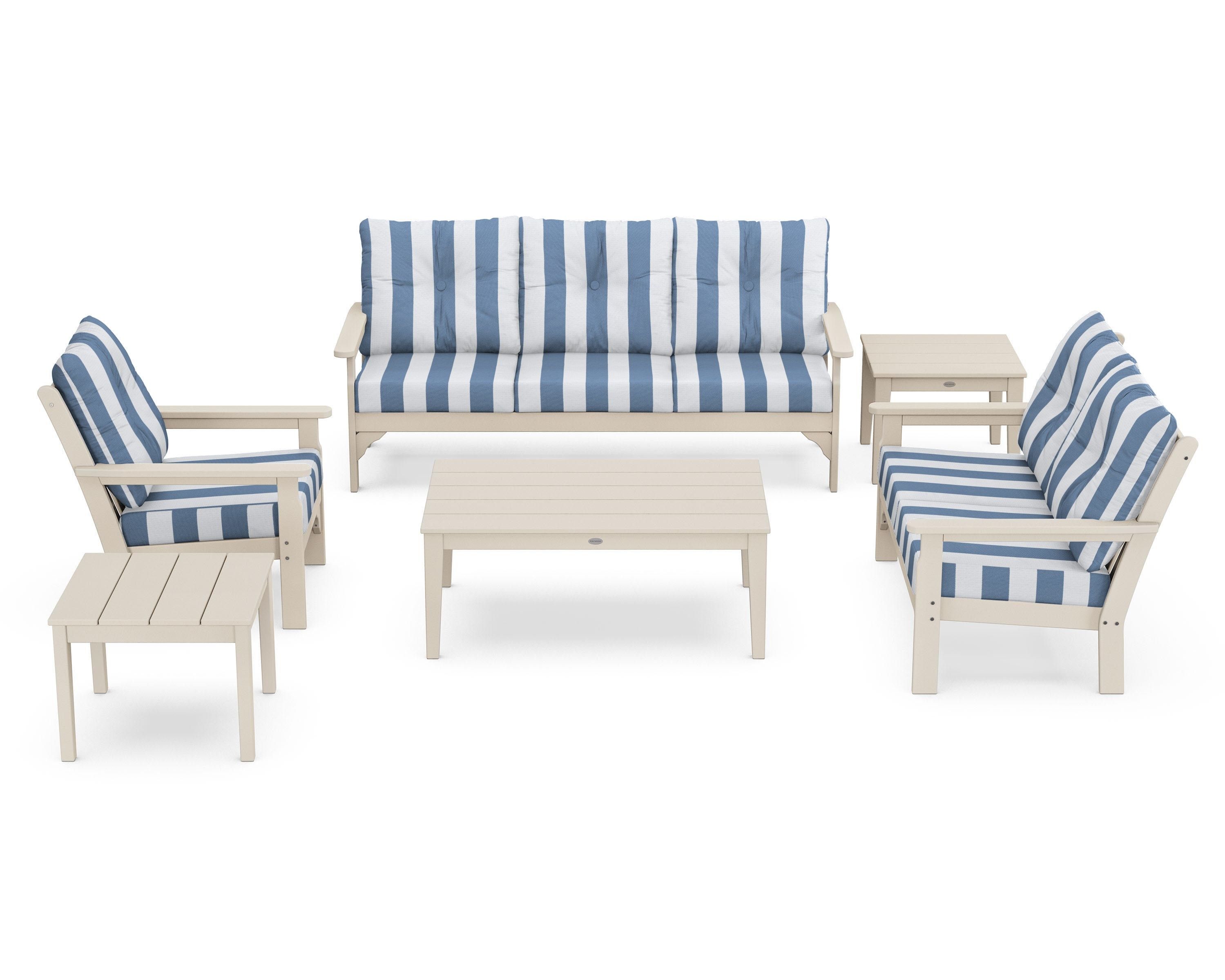 POLYWOOD® Vineyard 6-Piece Deep Seating Set in Sand / Cabana Stripe Sky Blue