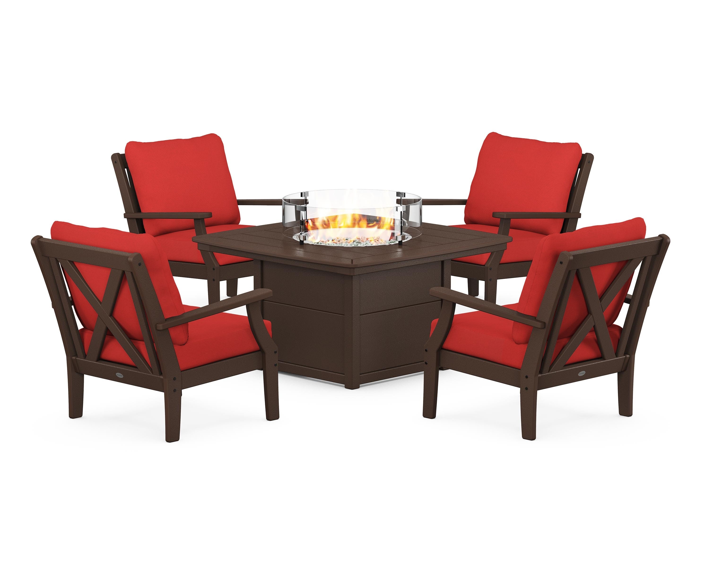 POLYWOOD® Braxton 5-Piece Deep Seating Conversation Set with Fire Pit Table in Mahogany / Crimson Linen