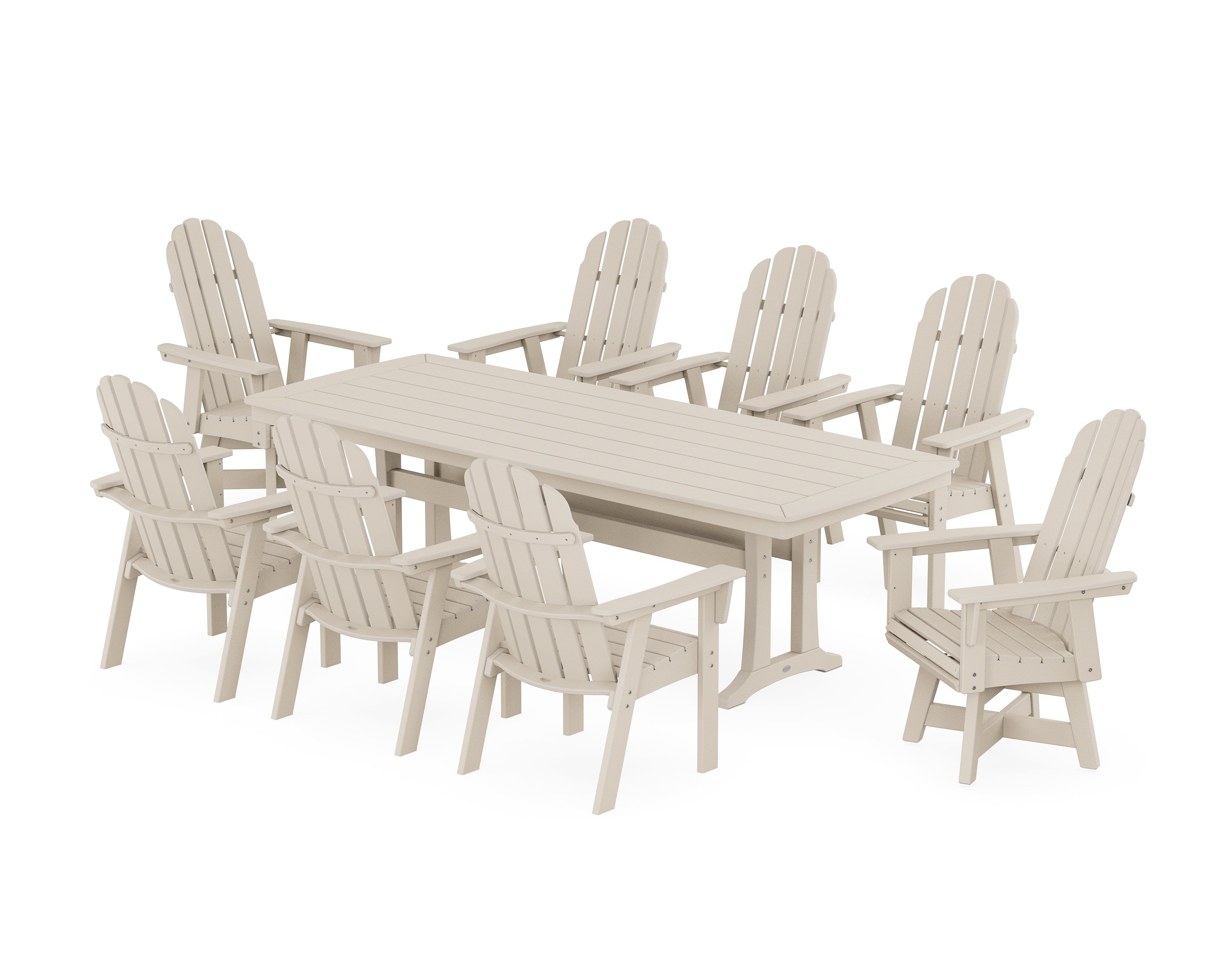 POLYWOOD® Vineyard Curveback Adirondack Swivel 9-Piece Dining Set with Trestle Legs in Sand