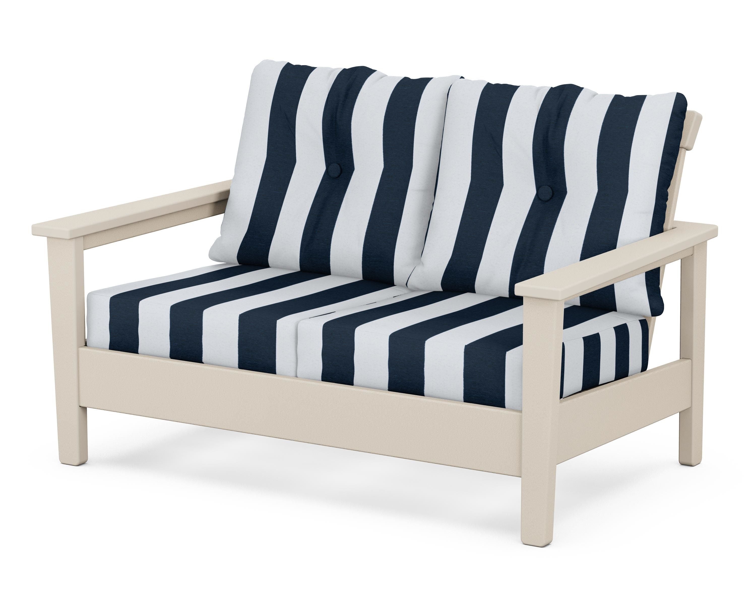 POLYWOOD® Prescott Deep Seating Loveseat in Sand / Cabana Stripe Marine Indigo
