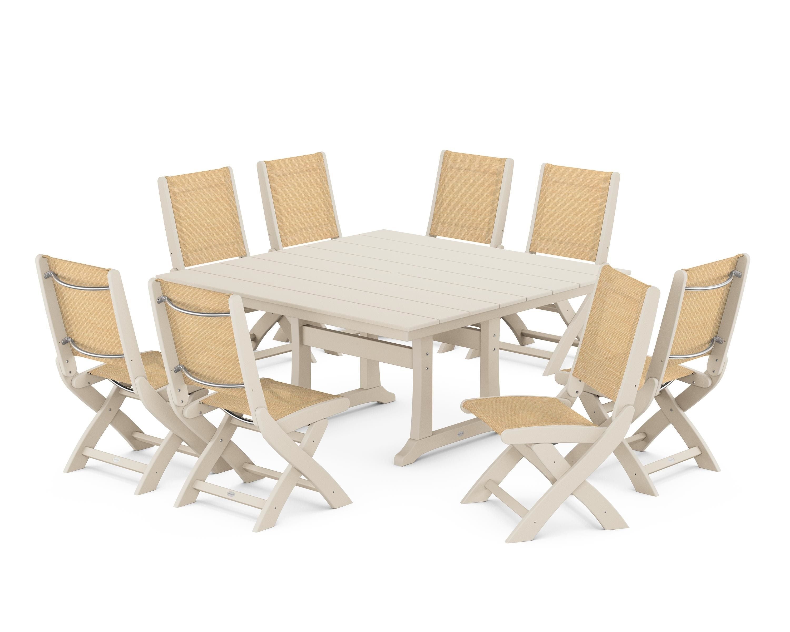 POLYWOOD® Coastal Folding Side Chair 9-Piece Farmhouse Dining Set in Sand / Dupioni Apricot Sling