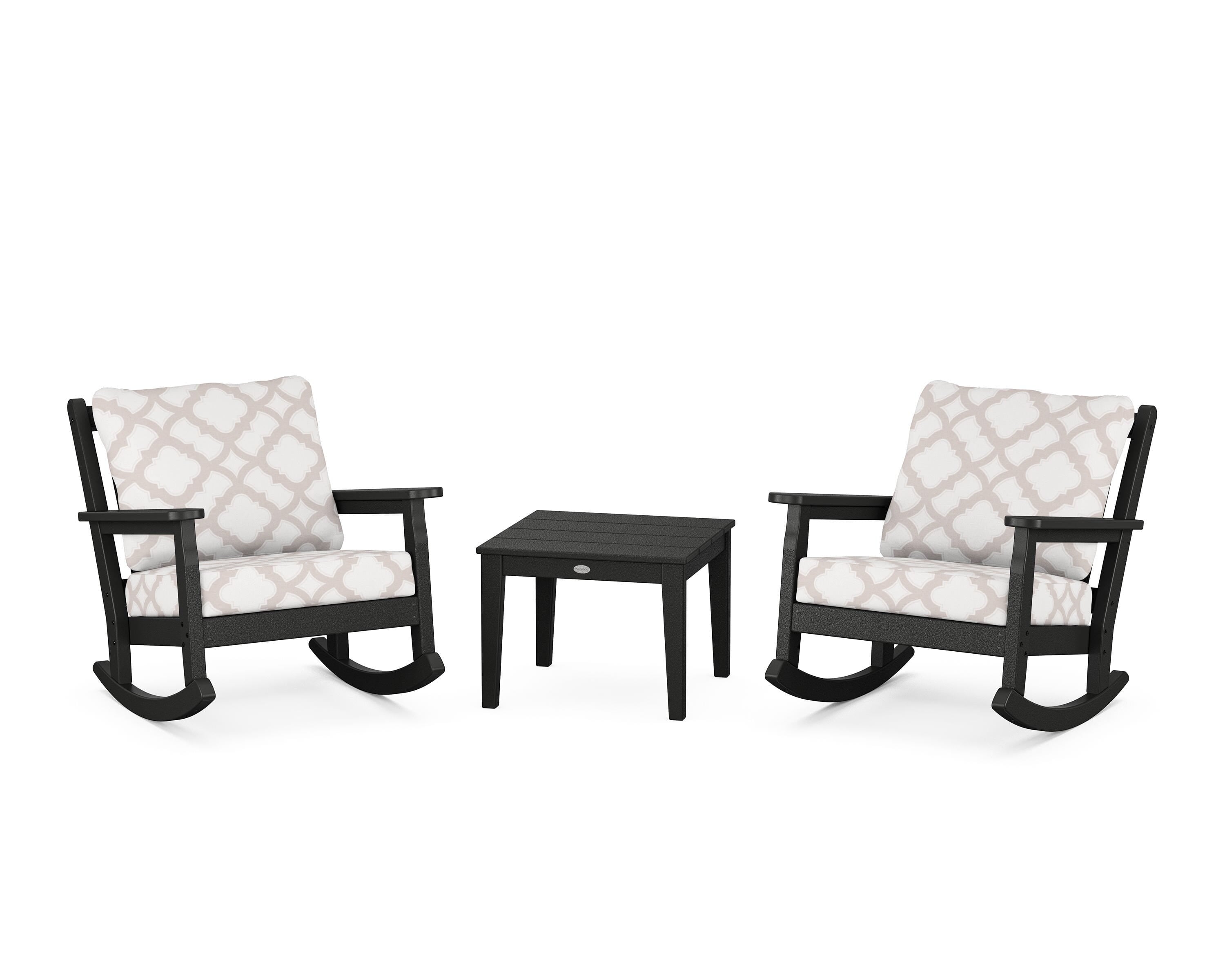 POLYWOOD® Chippendale 3-Piece Deep Seating Rocker Set in Black / Trellis Dune Burlap