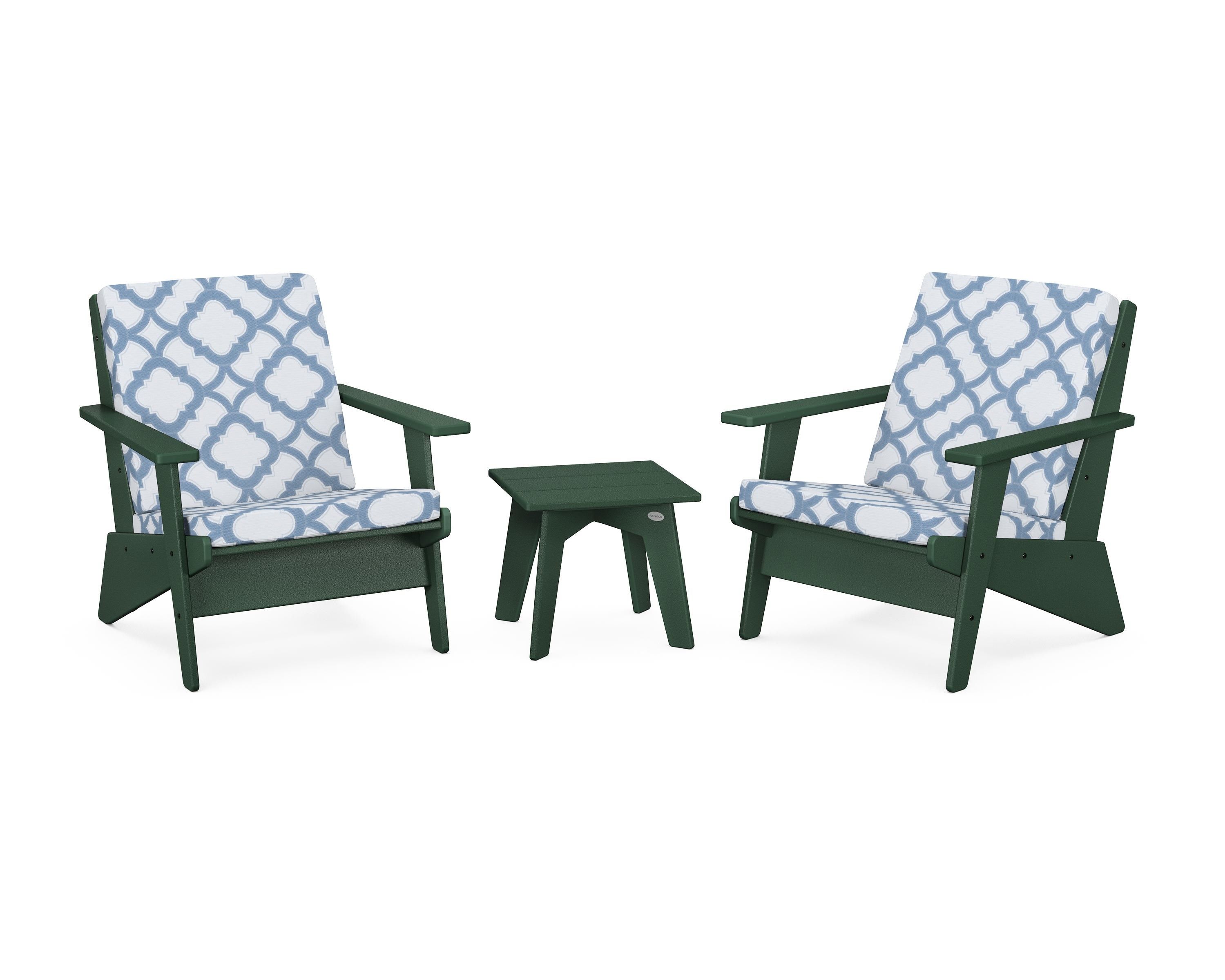 POLYWOOD® Riviera Modern Lounge 3-Piece Set in Green / Trellis Sky Blue