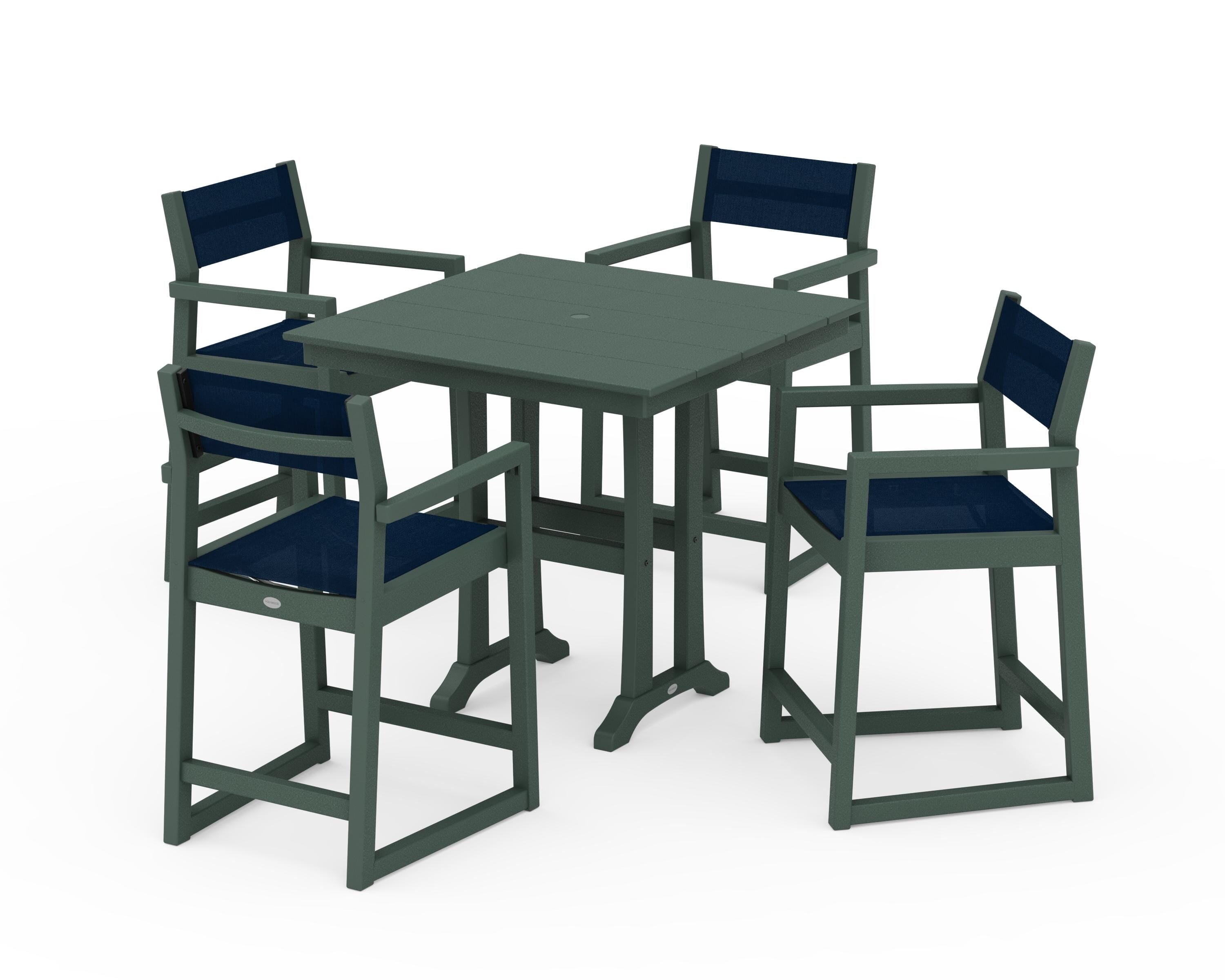 POLYWOOD® EDGE Sling Arm Chair 5-Piece Farmhouse Counter Set with Trestle Legs in Green / Navy Blue Sling