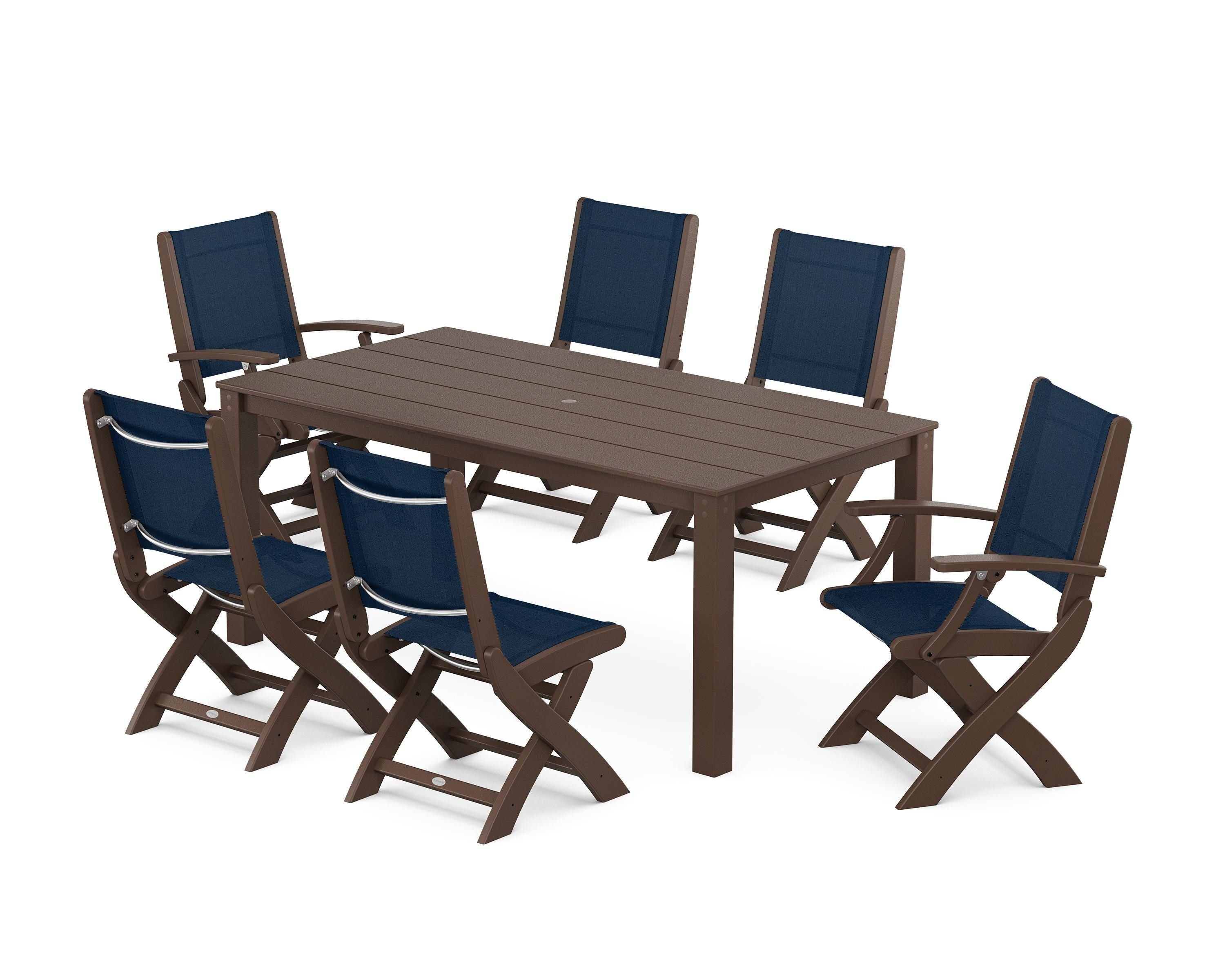 POLYWOOD® Coastal Folding Chair 7-Piece Parsons Dining Set in Mahogany / Navy Blue Sling