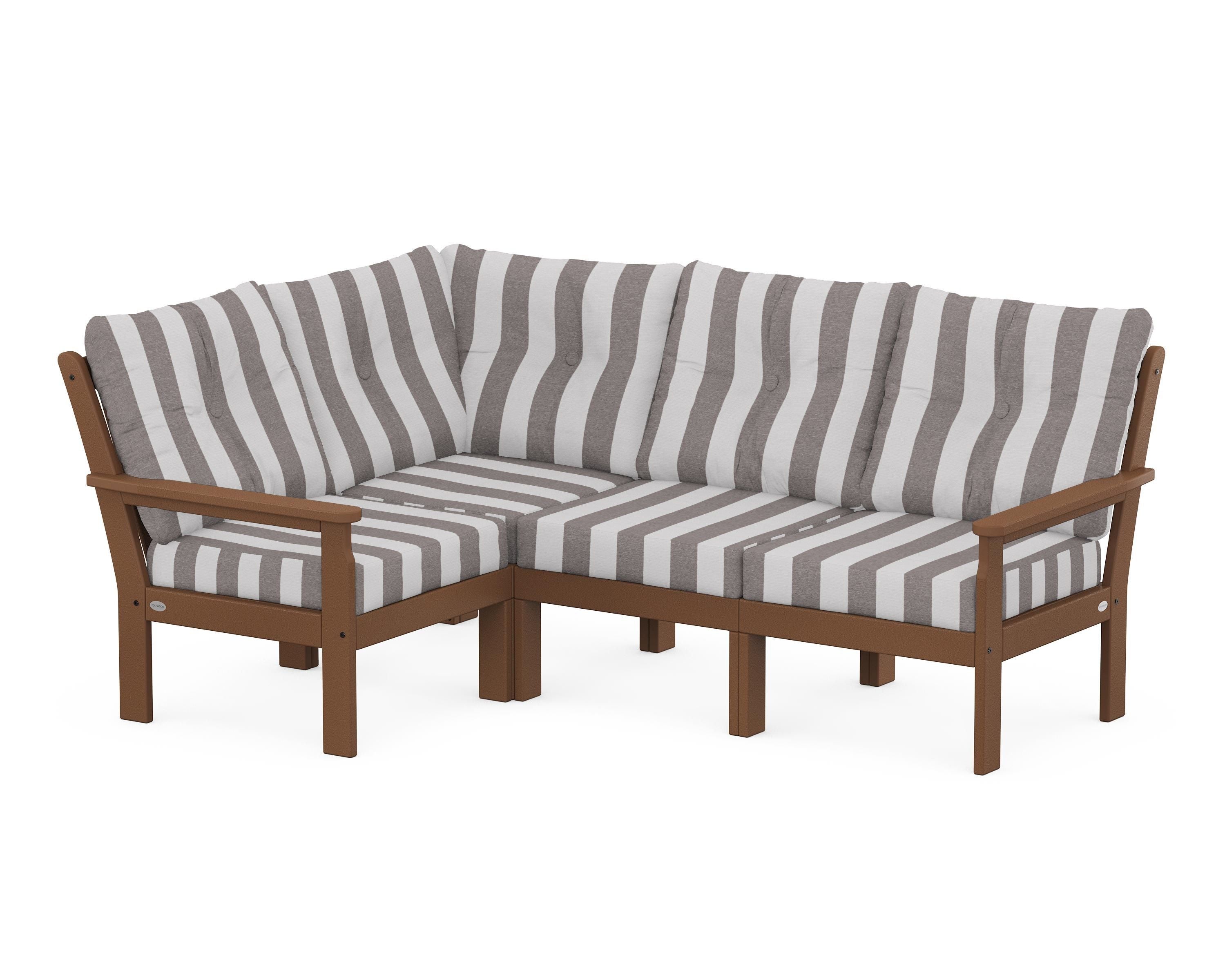 POLYWOOD® Vineyard 4-Piece Sectional in Teak / Cabana Stripe Grey Mist