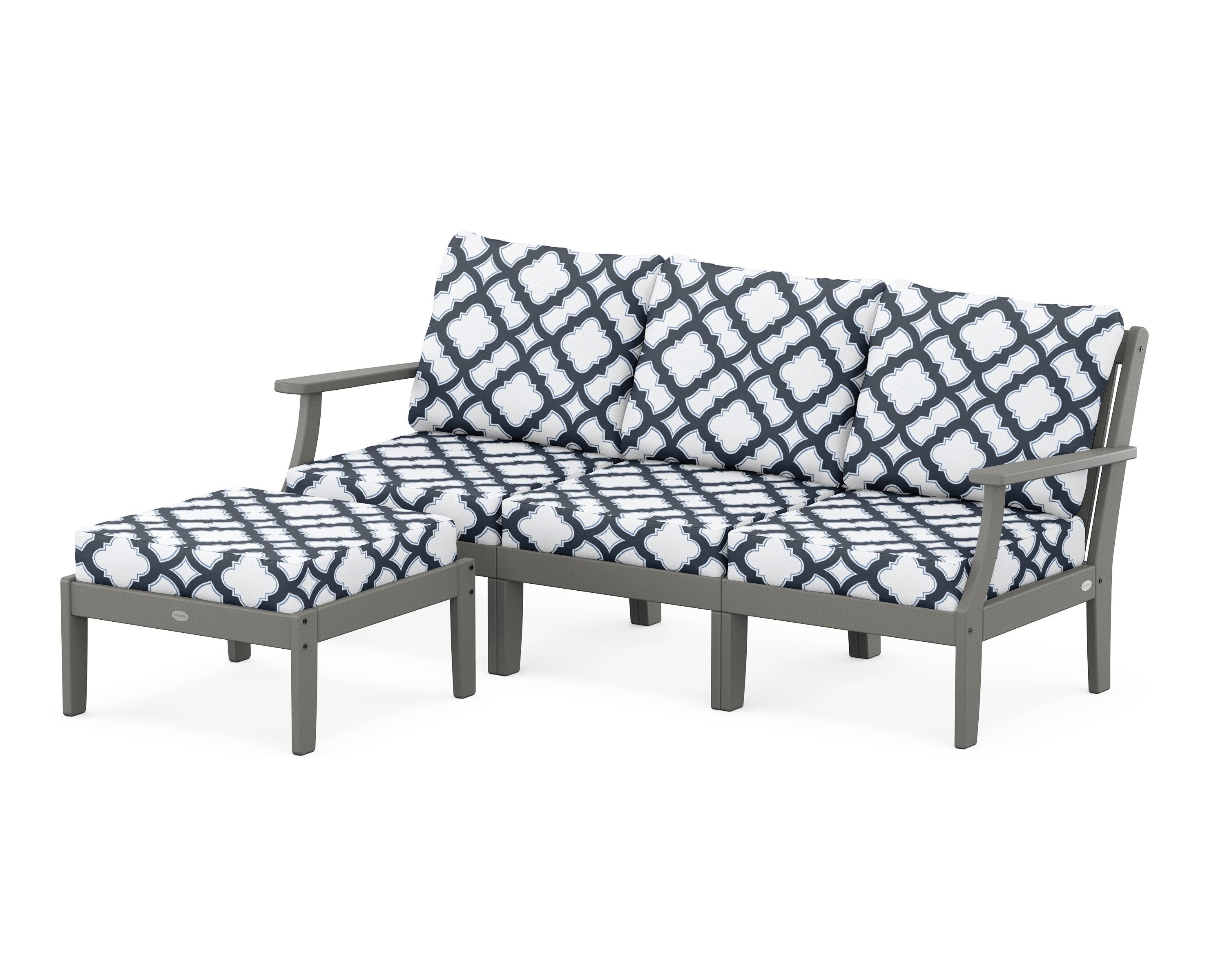 POLYWOOD® Braxton Modular 4-Piece Deep Seating Set with Ottoman in Slate Grey / Trellis Marine Indigo