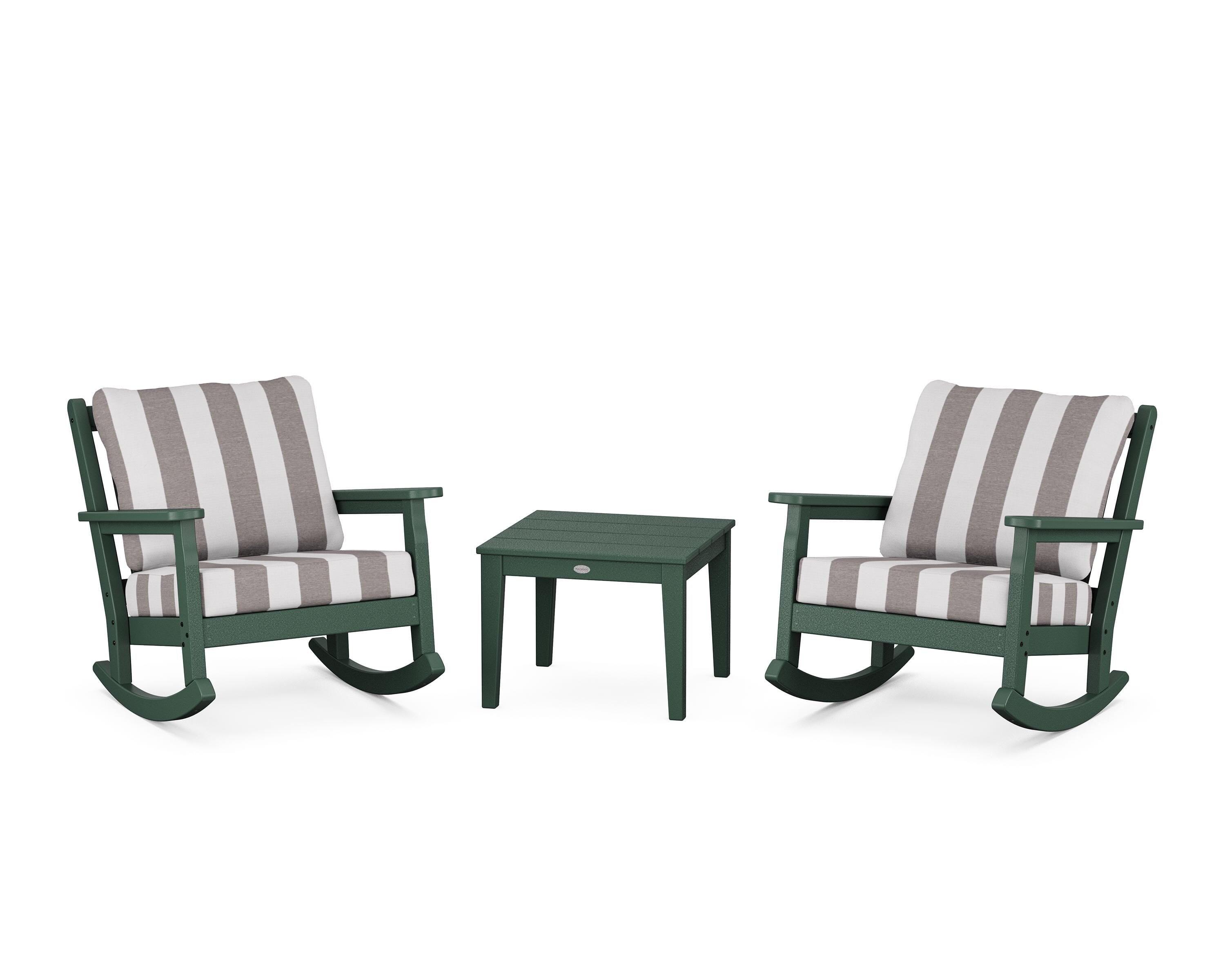 POLYWOOD® Chippendale 3-Piece Deep Seating Rocker Set in Green / Cabana Stripe Grey Mist