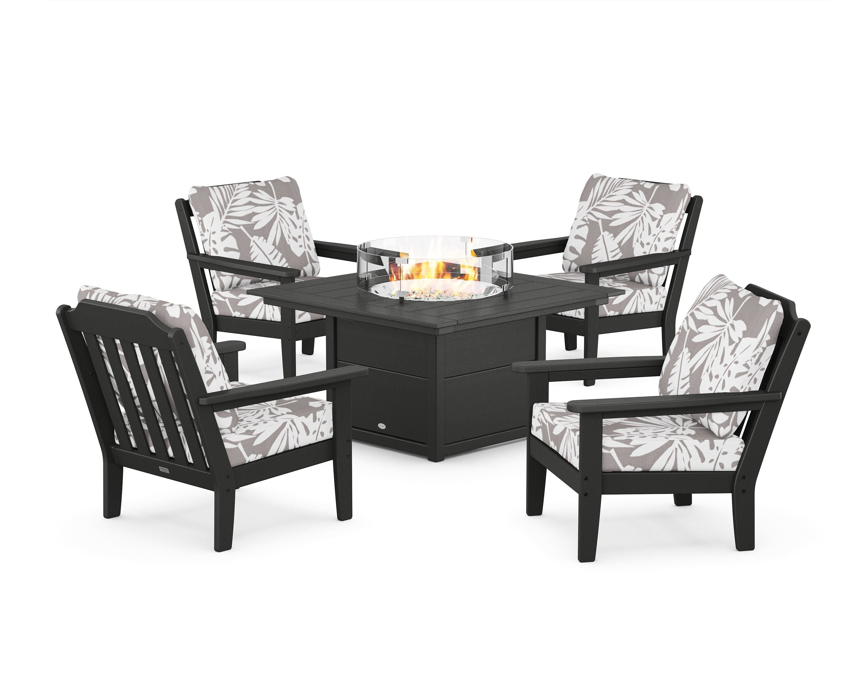 Country Living Cottage 5-Piece Deep Seating Set with Fire Pit Table in Black / Leaf Grey Mist