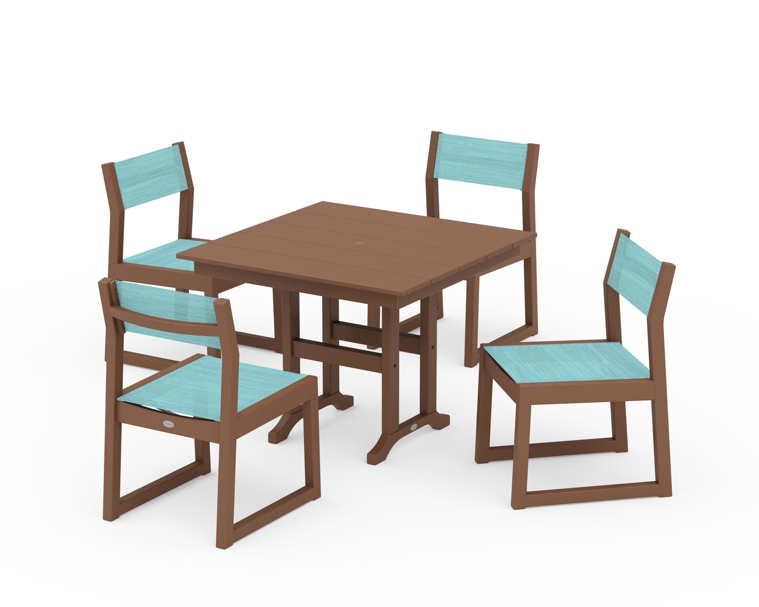 POLYWOOD® EDGE Sling Side Chair 5-Piece Farmhouse Dining Set in Teak / Dupioni Aquamarine Sling