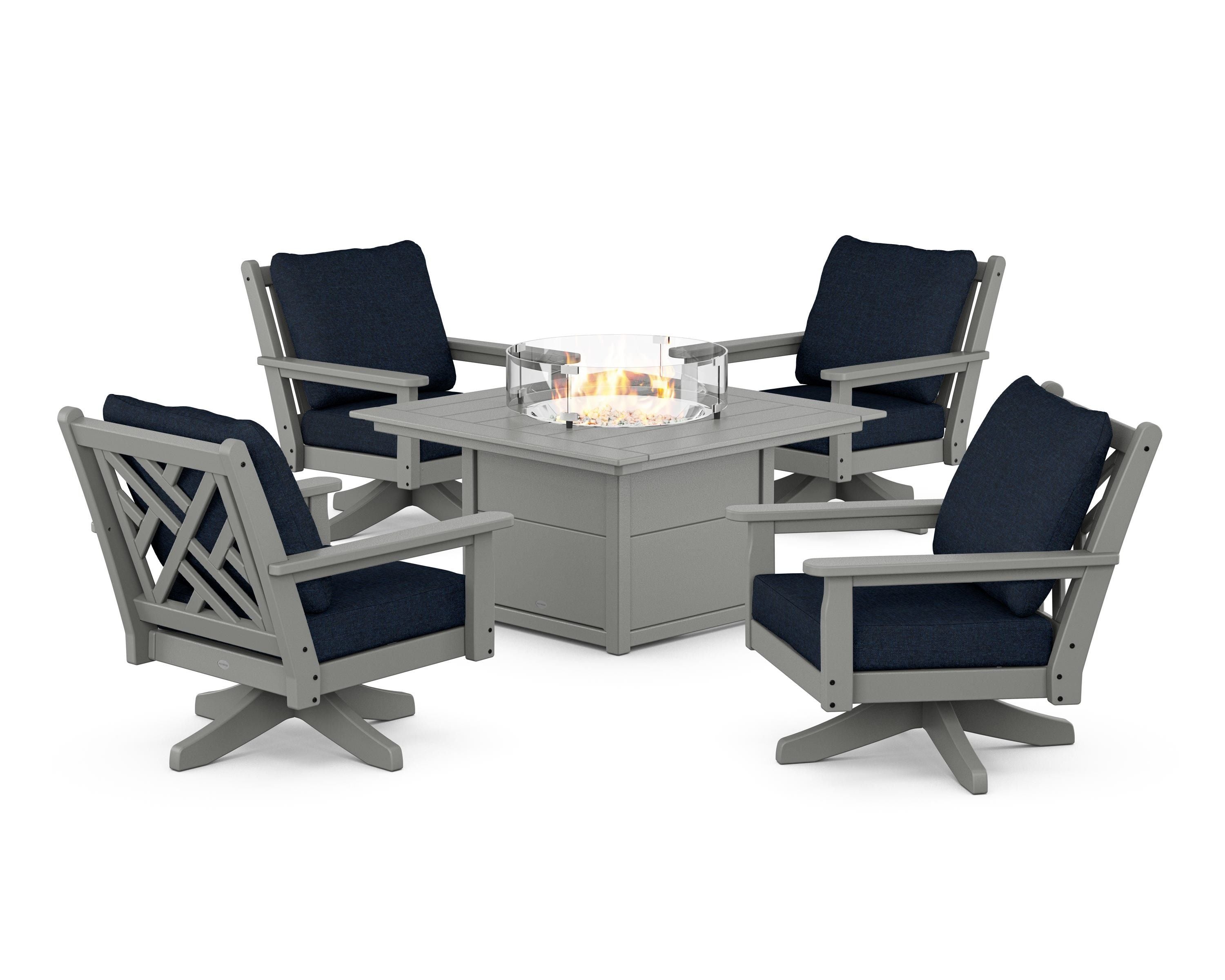 POLYWOOD® Chippendale 5-Piece Deep Seating Swivel Conversation Set with Fire Pit Table in Slate Grey / Marine Indigo