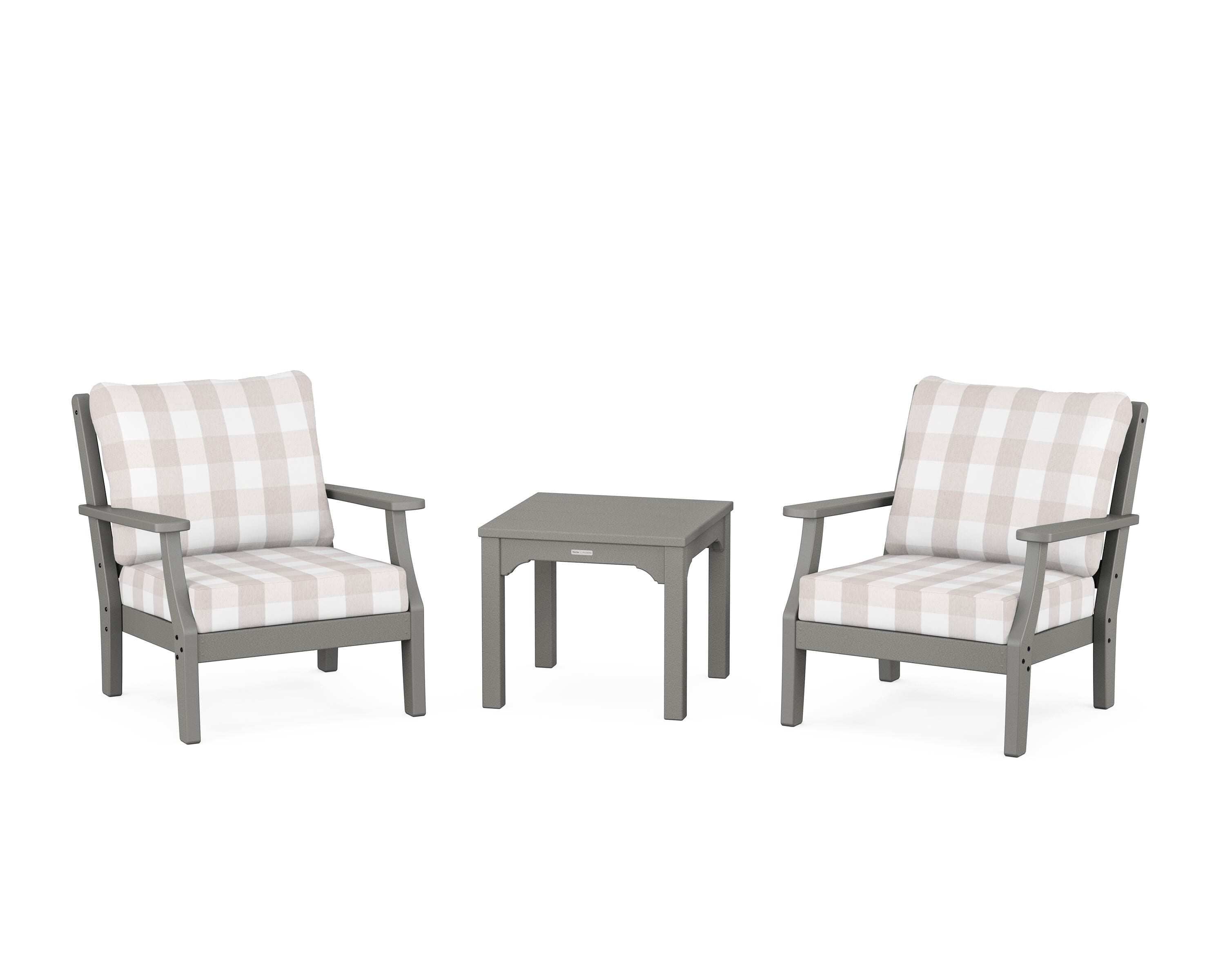 Martha Stewart by POLYWOOD® Chinoiserie 3-Piece Deep Seating Set in Slate Grey / Buffalo Plaid Dune Burlap