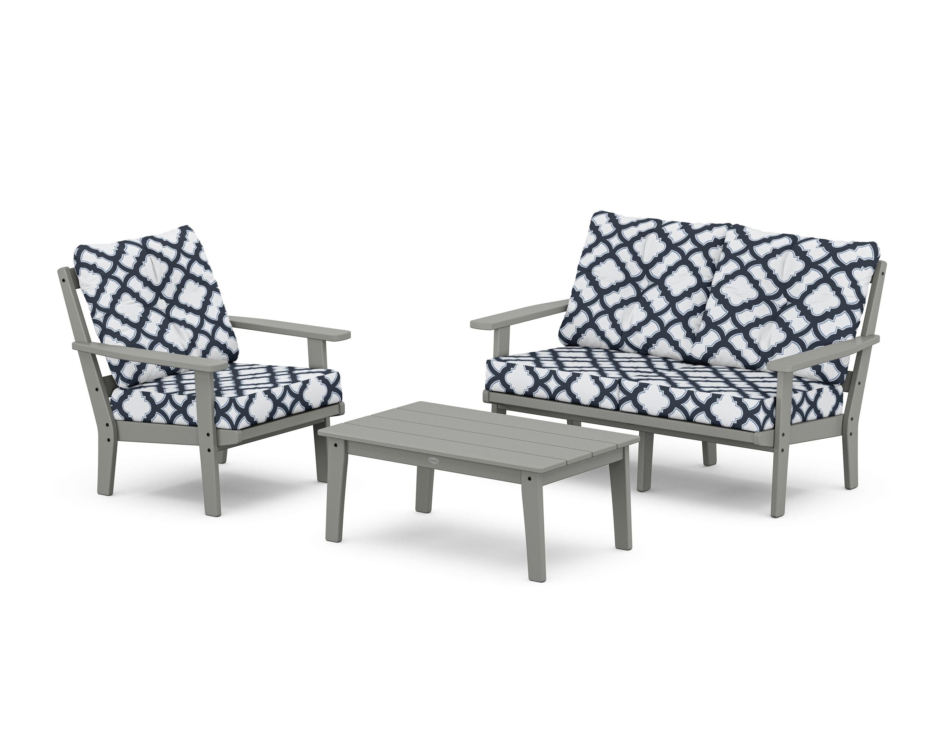 POLYWOOD® Prairie 3-Piece Deep Seating Set with Loveseat in Slate Grey / Trellis Marine Indigo