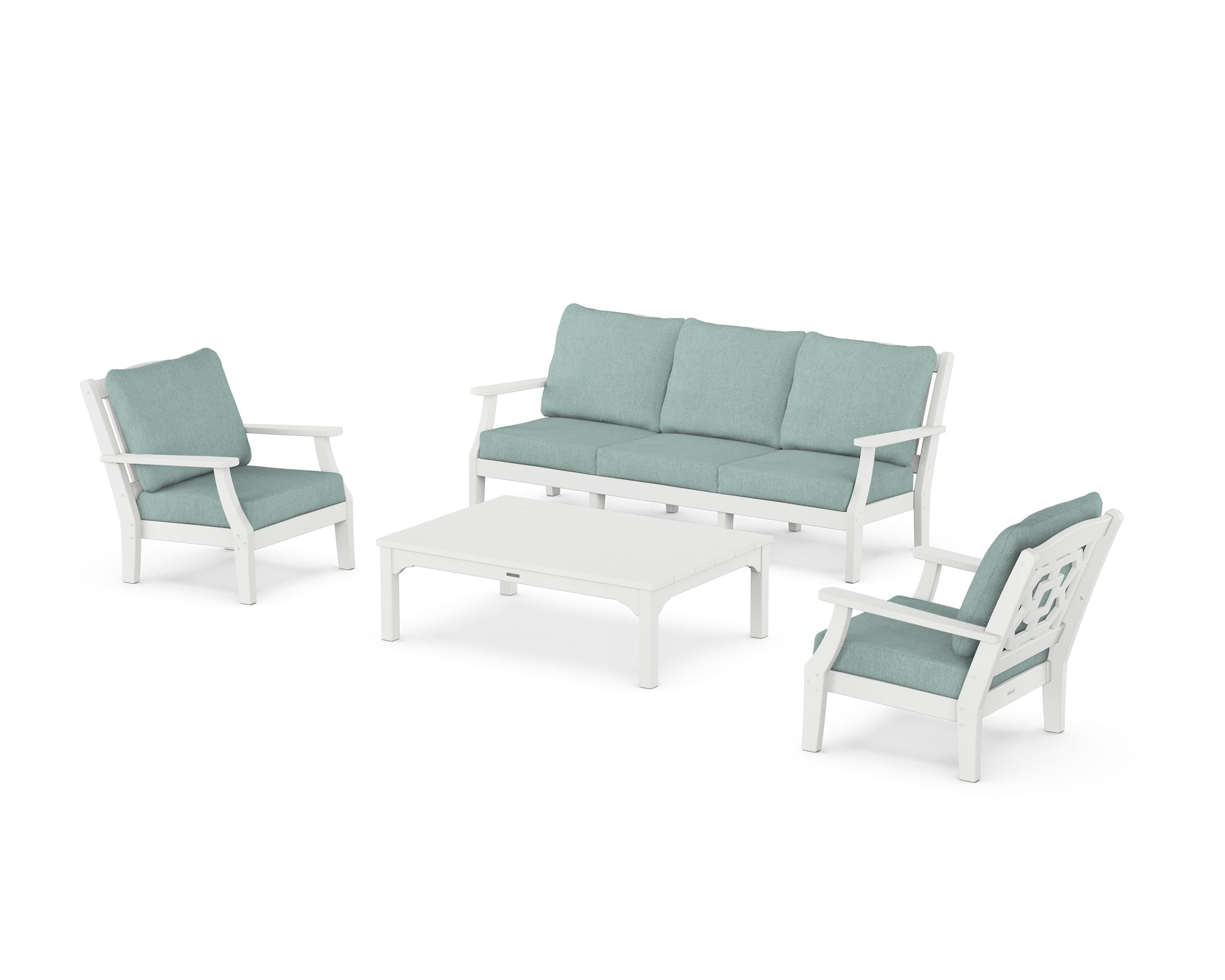 Martha Stewart by POLYWOOD® Chinoiserie 4-Piece Deep Seating Set with Sofa in White / Glacier Spa
