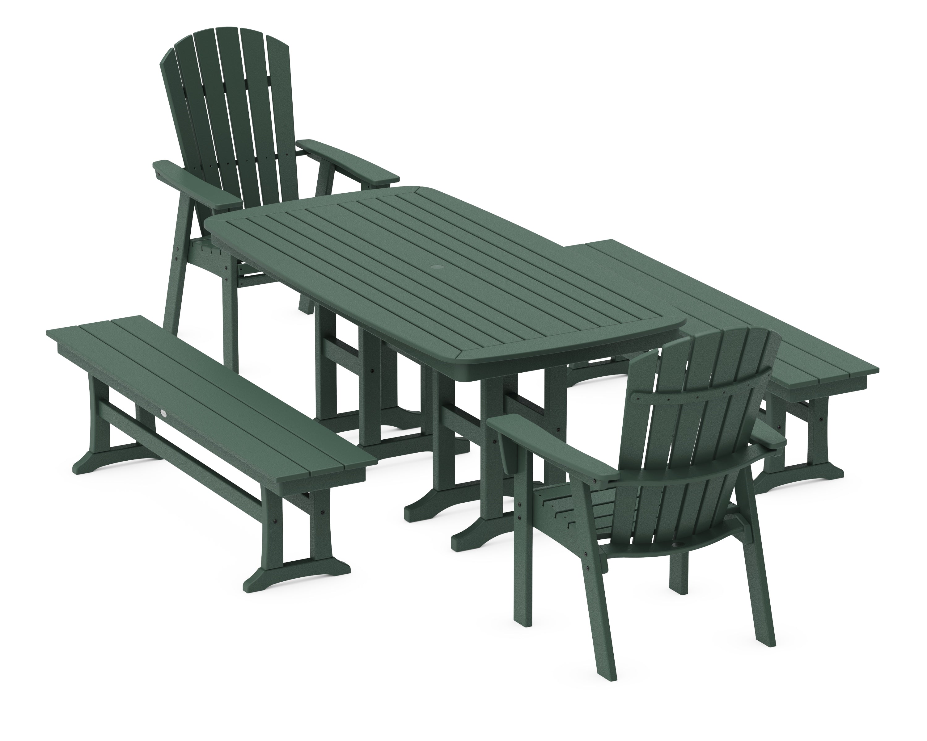 POLYWOOD® Nautical Curveback Adirondack 5-Piece Dining Set with Benches in Green