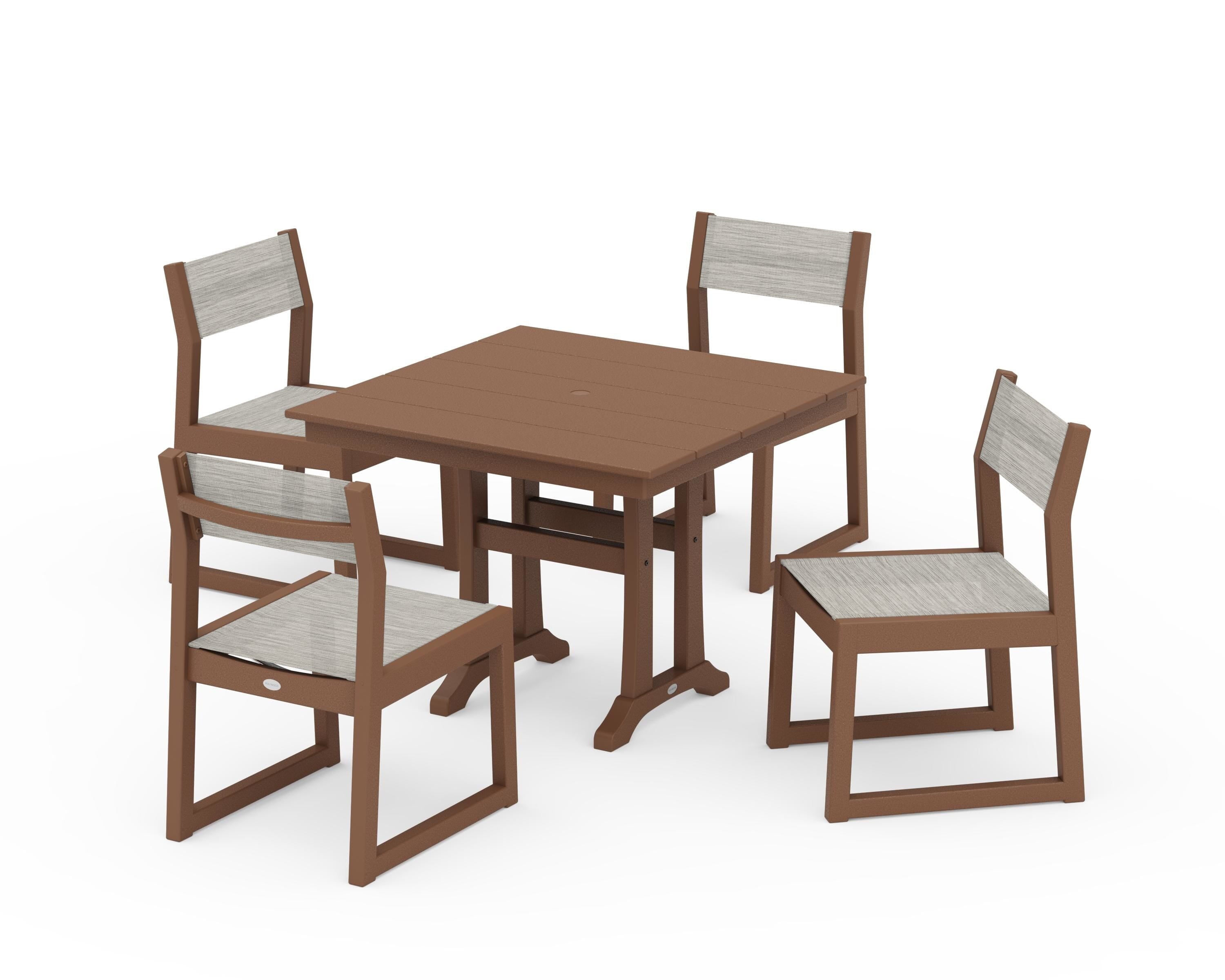 POLYWOOD® EDGE Sling 5-Piece Farmhouse Trestle Side Chair Dining Set in Teak / Birch Sling