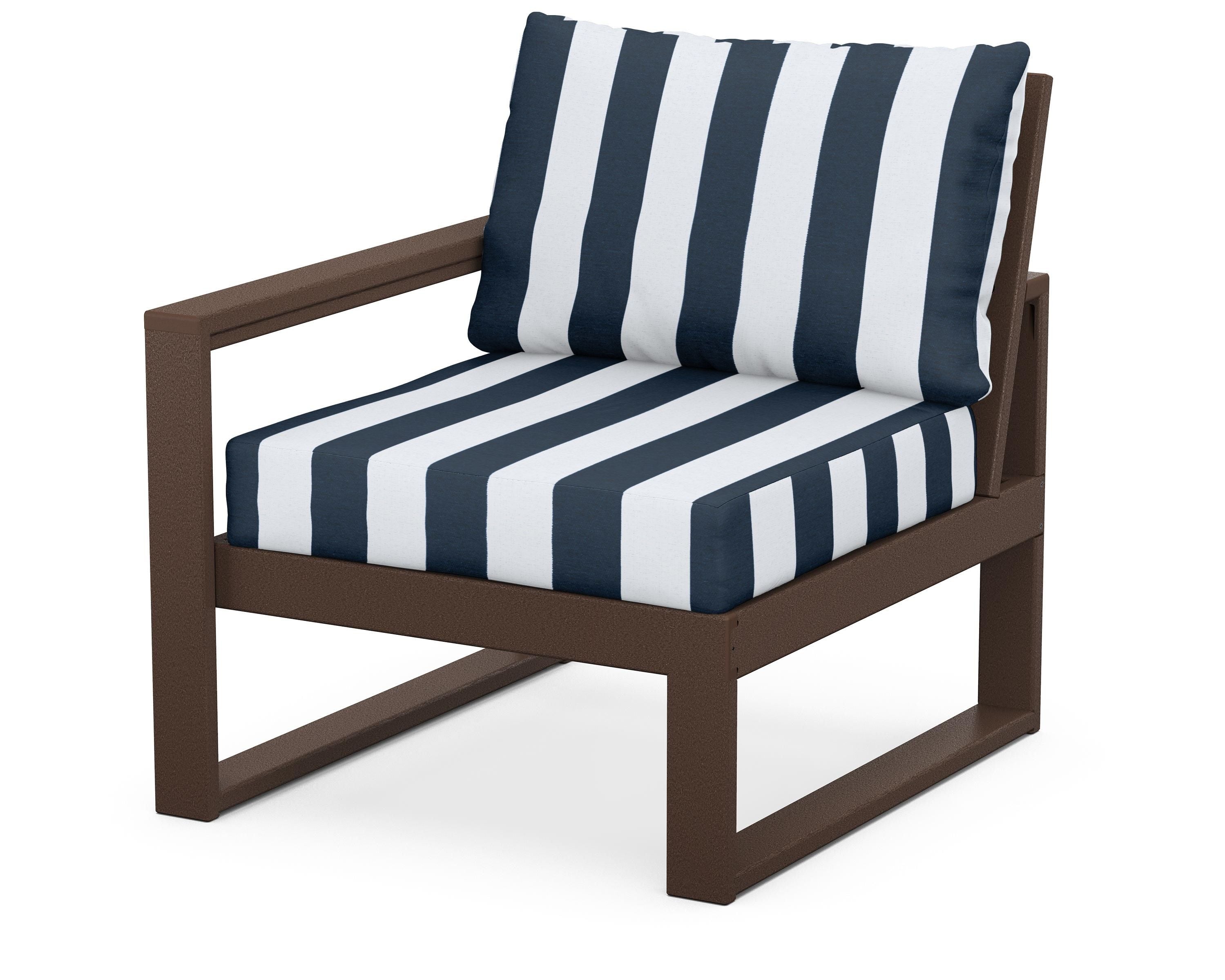 POLYWOOD® EDGE Modular Left Arm Chair in Mahogany / Cabana Stripe Marine Indigo